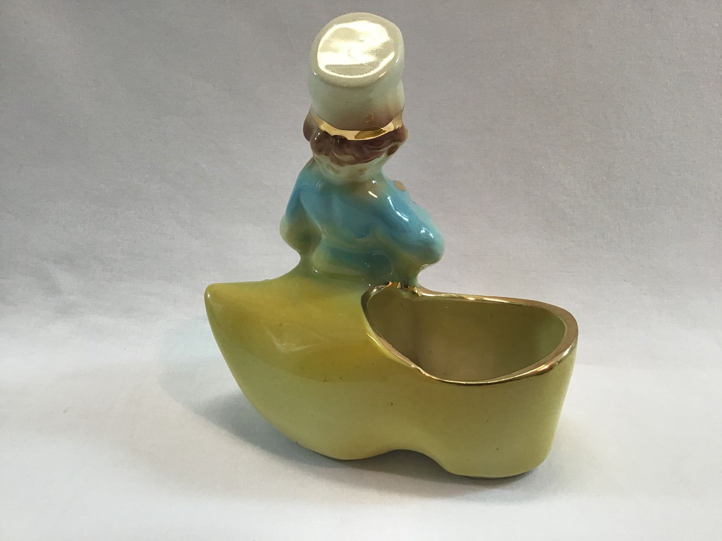 Mid Century Dutch Boy and Shoe Ceramic Figurine Planter Shafer 23 kt. Gold Gilt Kitsch Home Decor