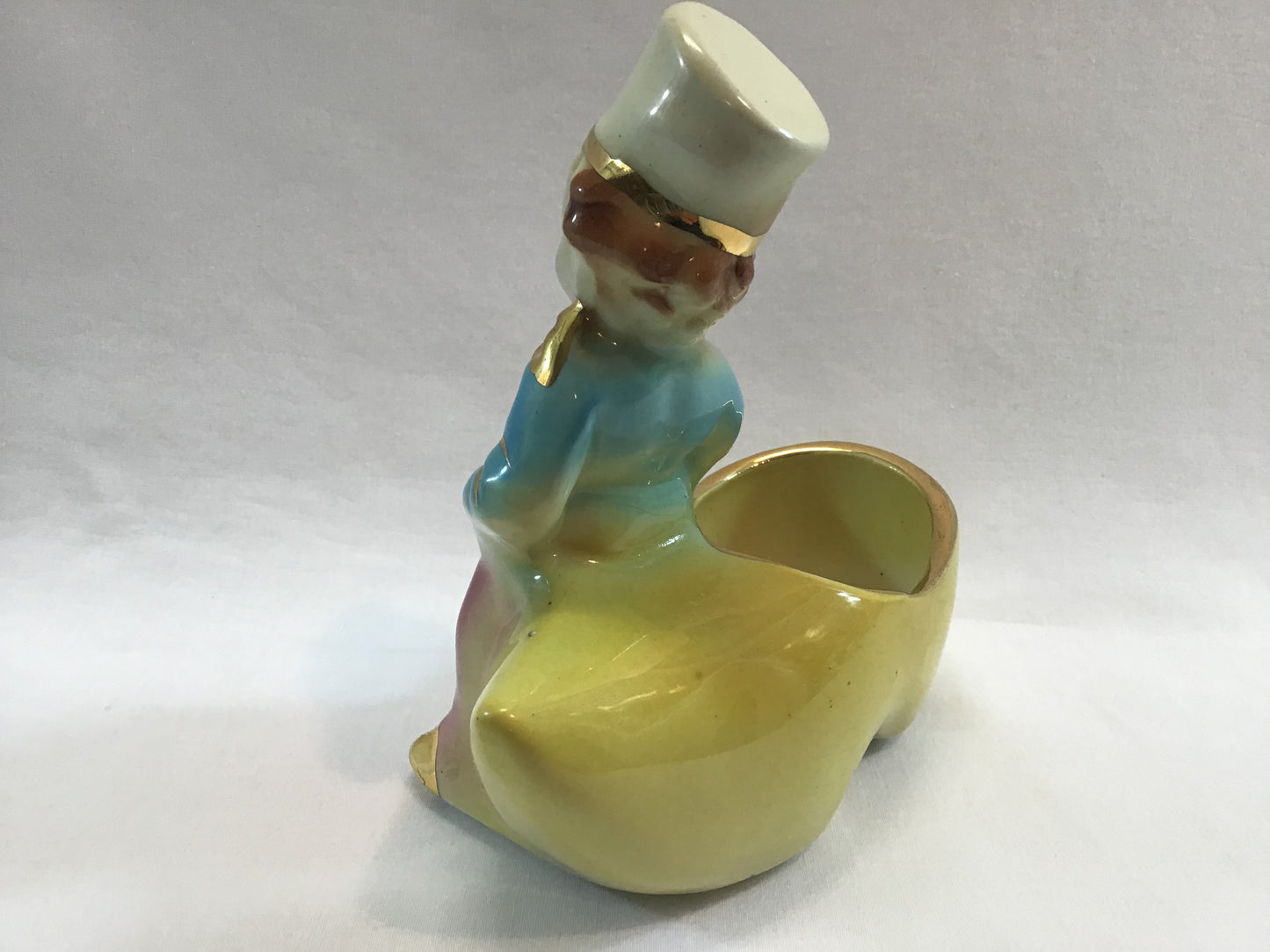 Mid Century Dutch Boy and Shoe Ceramic Figurine Planter Shafer 23 kt. Gold Gilt Kitsch Home Decor