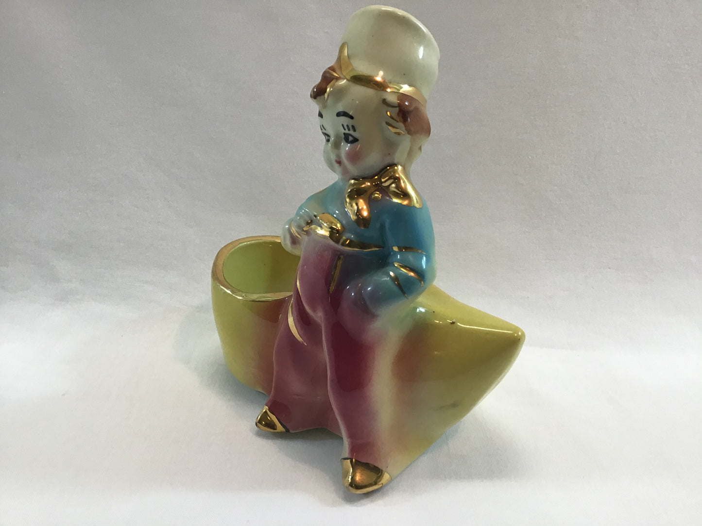 Mid Century Dutch Boy and Shoe Ceramic Figurine Planter Shafer 23 kt. Gold Gilt Kitsch Home Decor