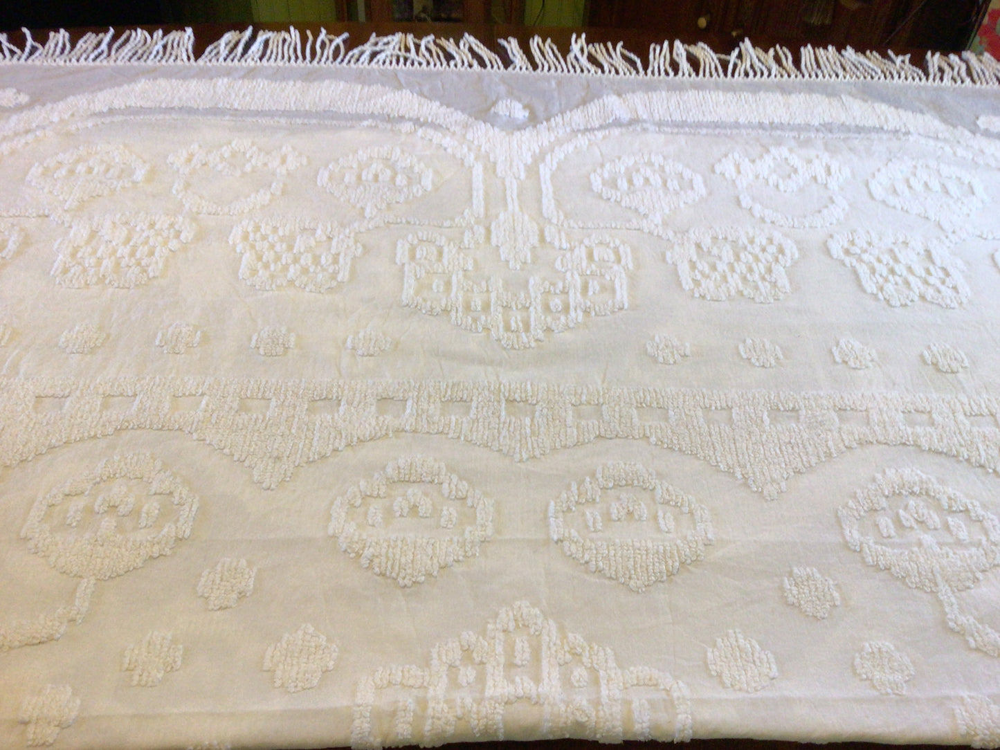 White Chenille Vintage Bedspread Coverlet Super King Size 100" x 120"