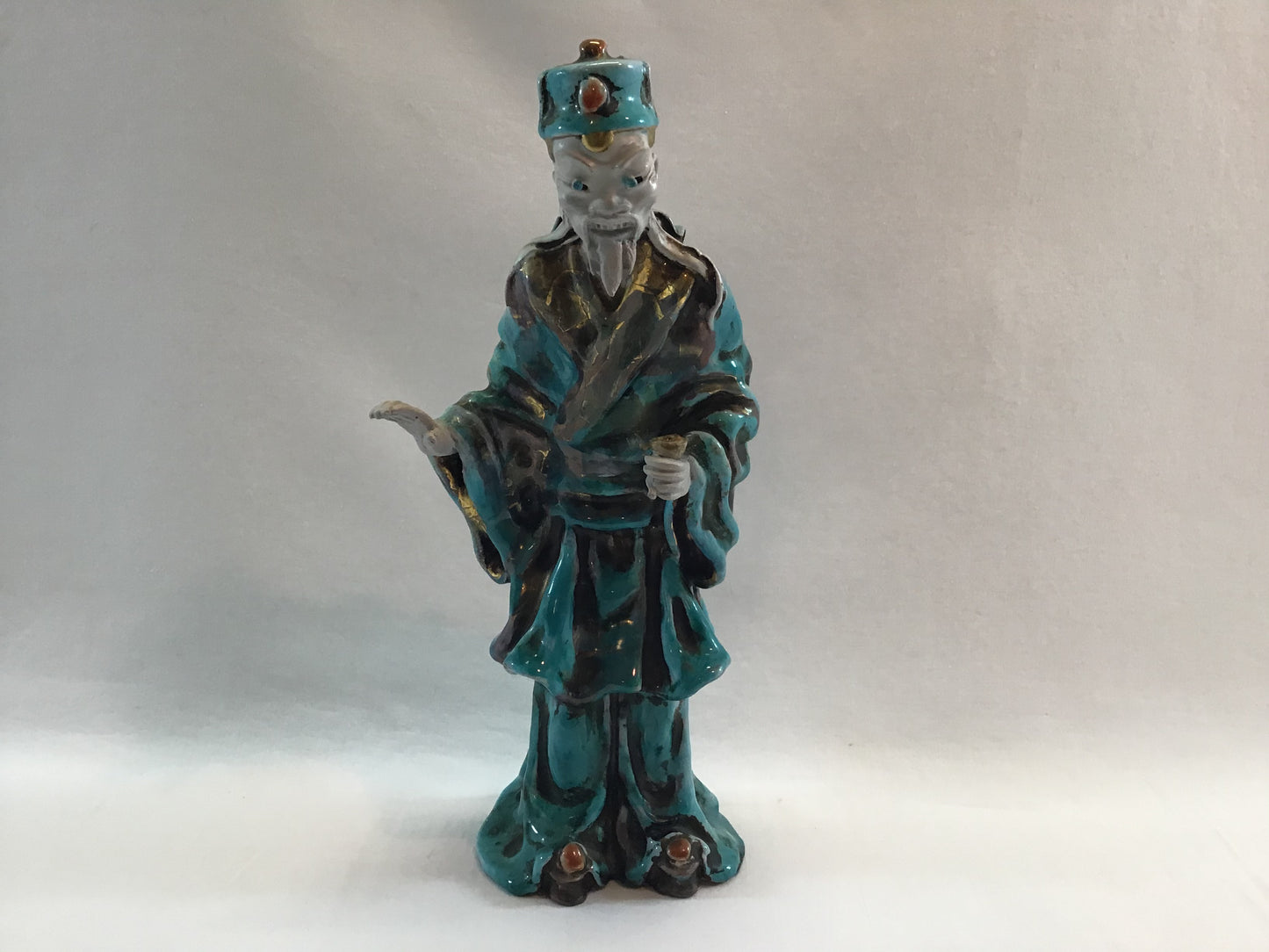 Mid Century Figurine Asian Man Blue Tin Glaze Signed Prof. Eugenio Patterino (EPF) Terracotta Clay 10 1/2"