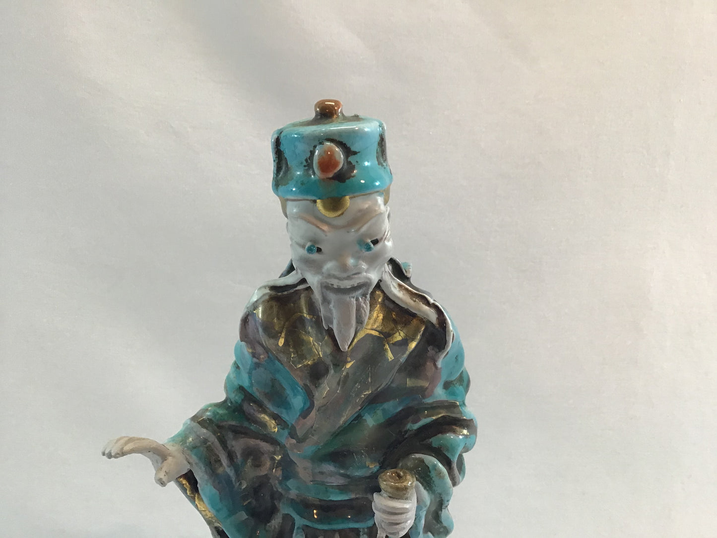 Mid Century Figurine Asian Man Blue Tin Glaze Signed Prof. Eugenio Patterino (EPF) Terracotta Clay 10 1/2"