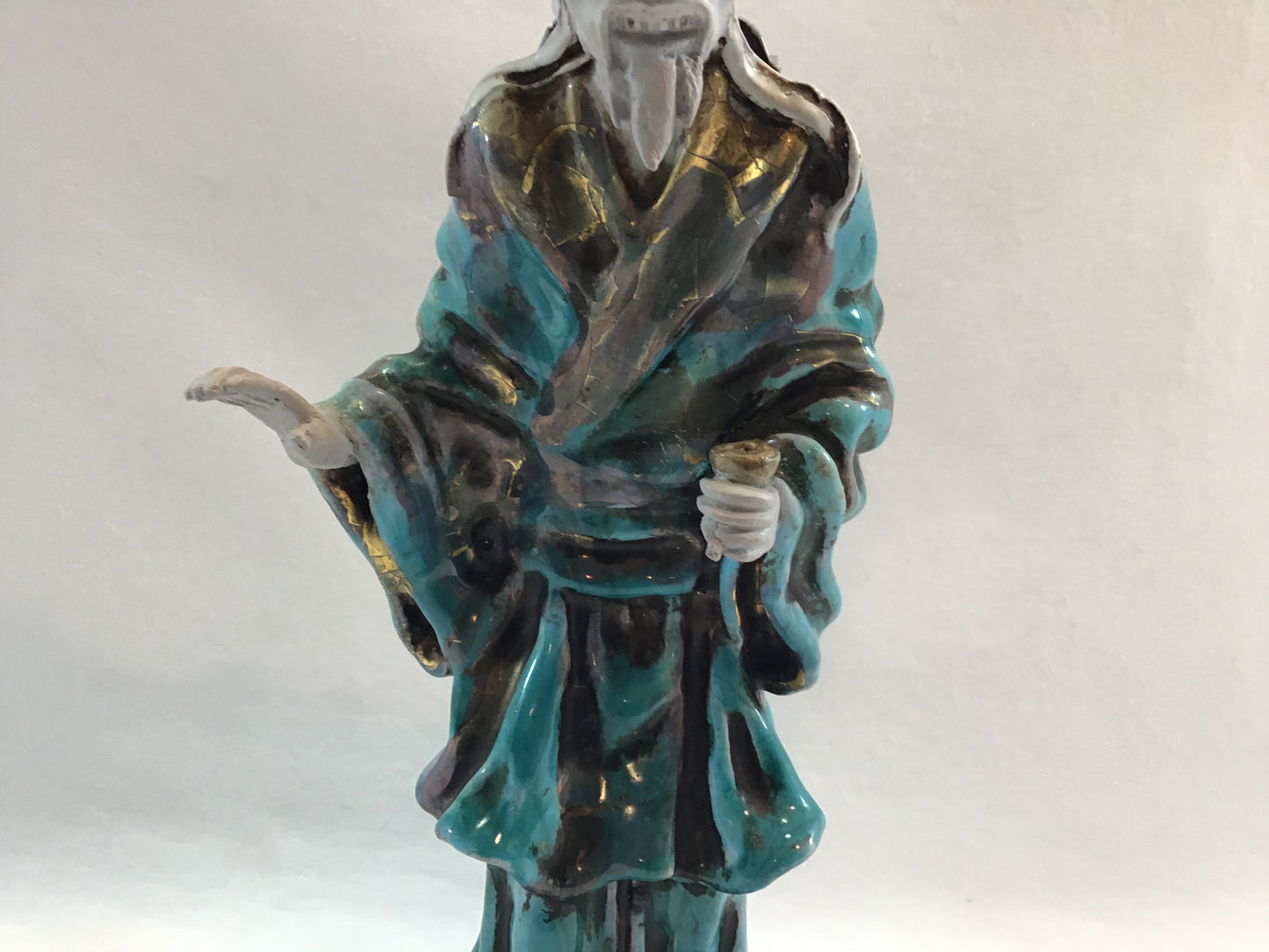 Mid Century Figurine Asian Man Blue Tin Glaze Signed Prof. Eugenio Patterino (EPF) Terracotta Clay 10 1/2"