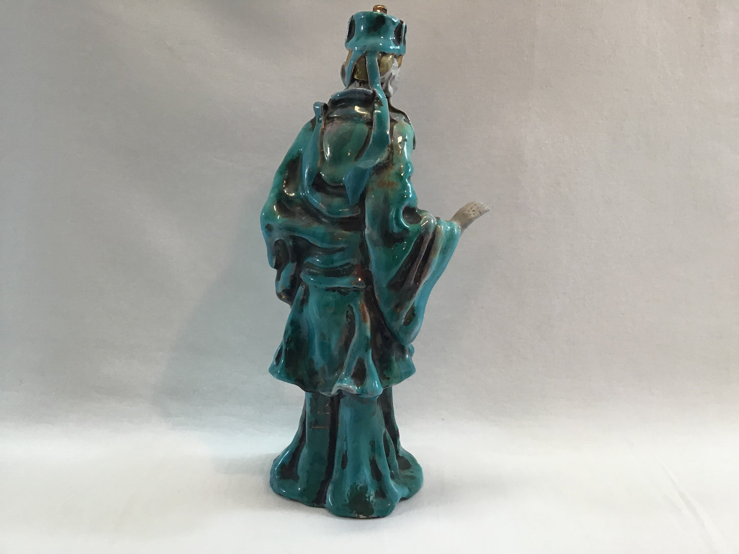 Mid Century Figurine Asian Man Blue Tin Glaze Signed Prof. Eugenio Patterino (EPF) Terracotta Clay 10 1/2"