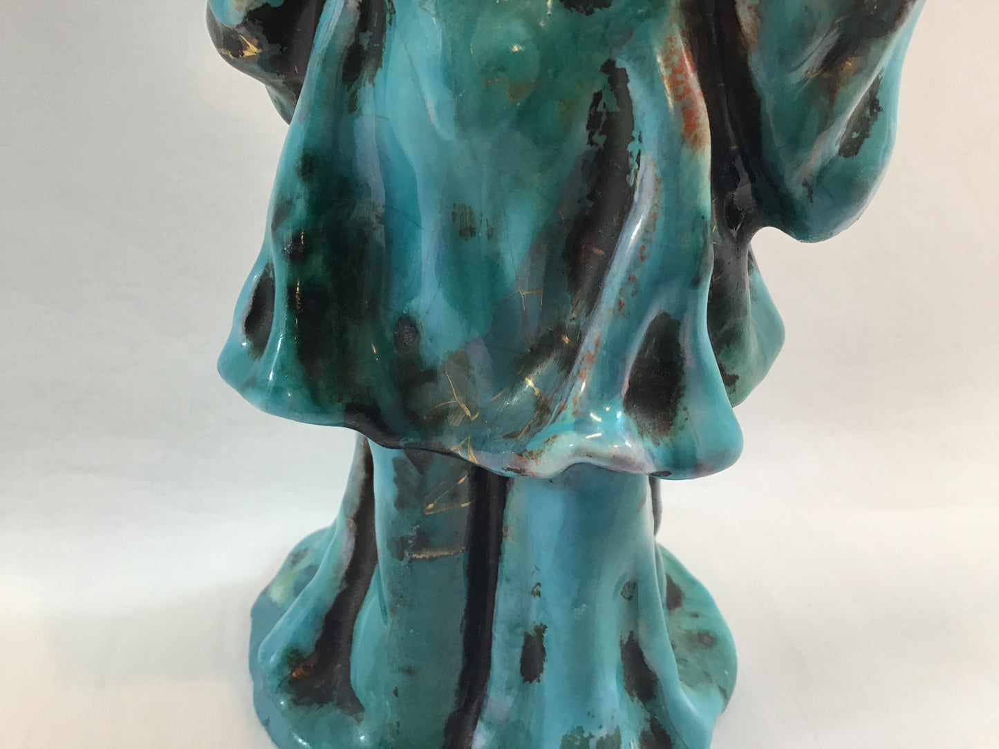 Mid Century Figurine Asian Man Blue Tin Glaze Signed Prof. Eugenio Patterino (EPF) Terracotta Clay 10 1/2"