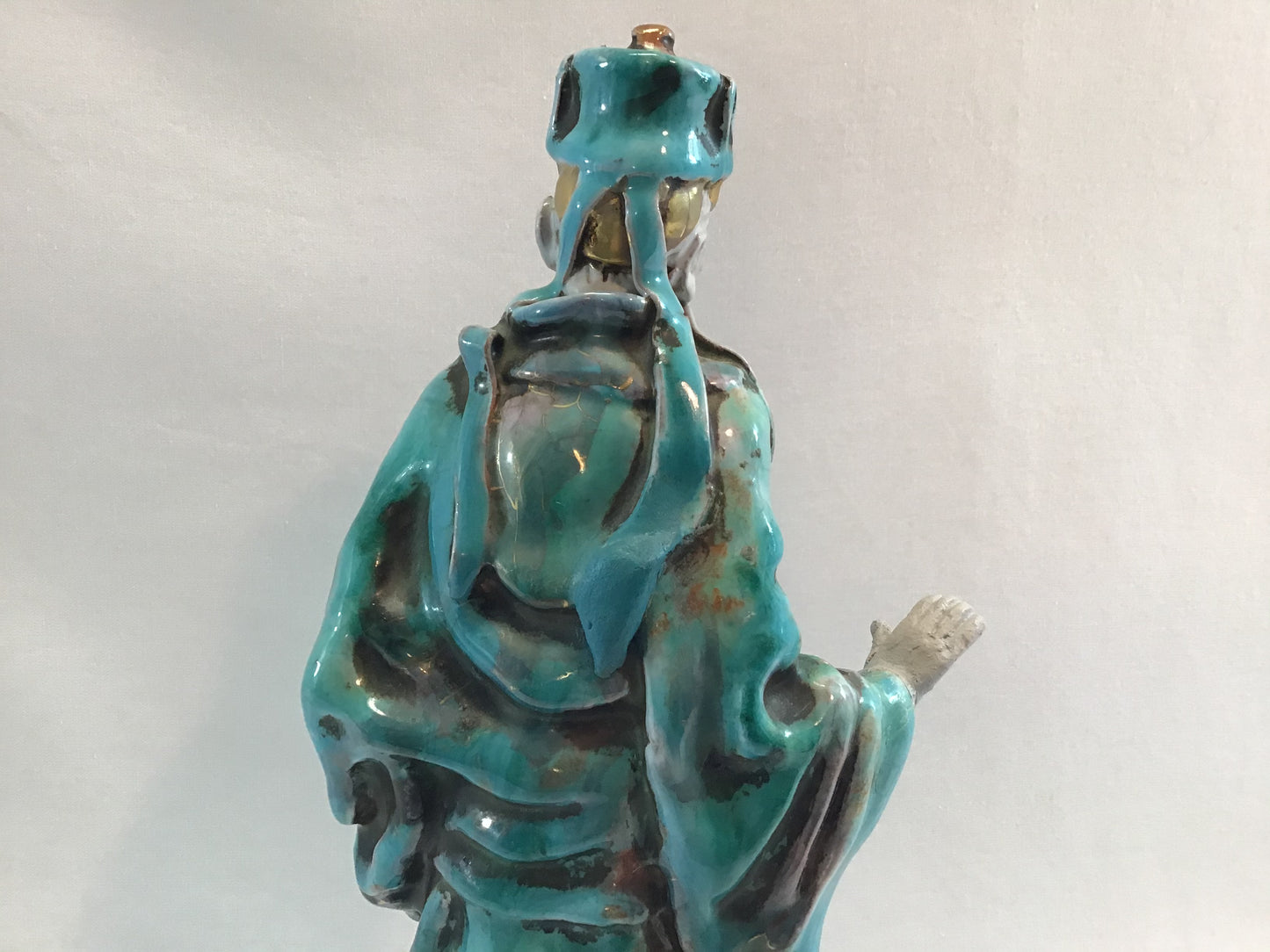Mid Century Figurine Asian Man Blue Tin Glaze Signed Prof. Eugenio Patterino (EPF) Terracotta Clay 10 1/2"