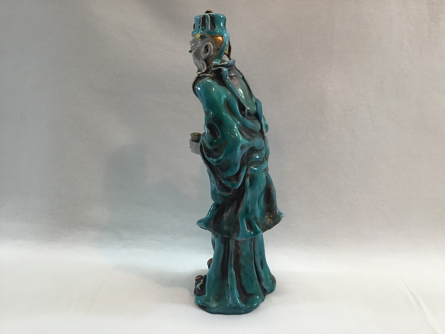 Mid Century Figurine Asian Man Blue Tin Glaze Signed Prof. Eugenio Patterino (EPF) Terracotta Clay 10 1/2"