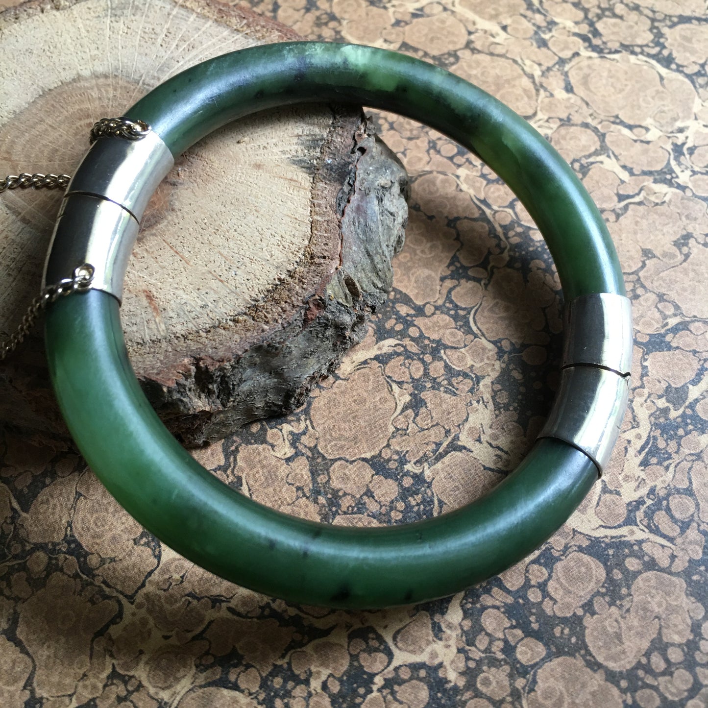 Nephrite Jade Bracelet Spinach Green Safety Chain Bangle 10K gold