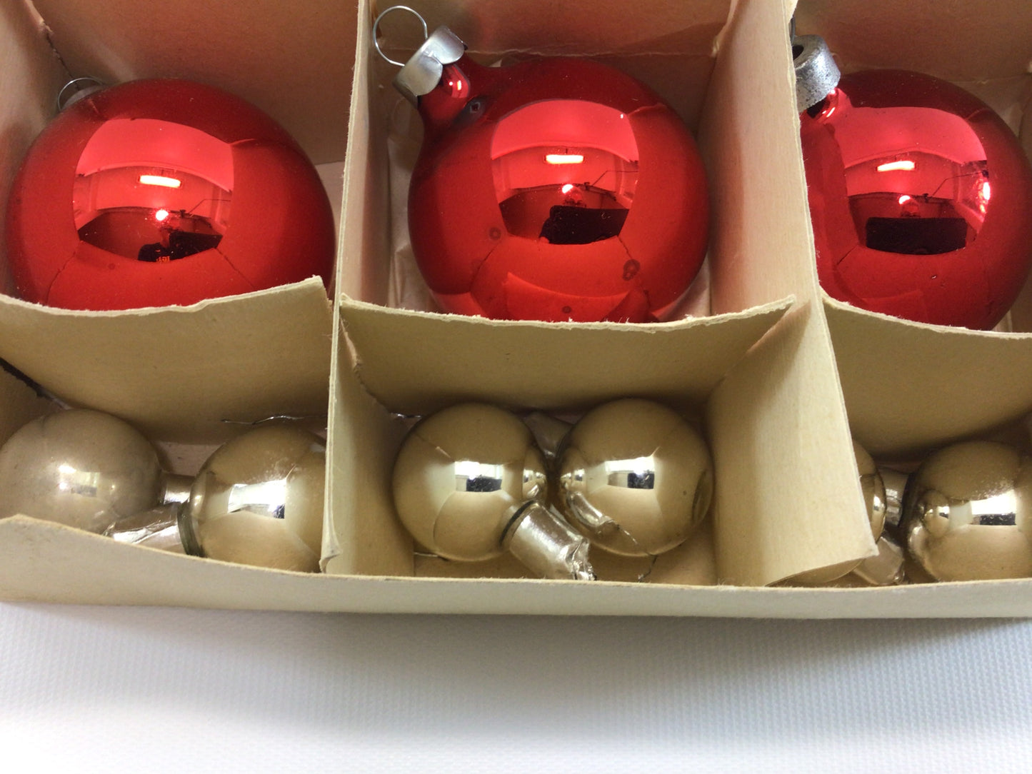 Vintage Rauch Red Christmas Ornament 2" Balls Assorted Box with 1" Silver Ornament Balls