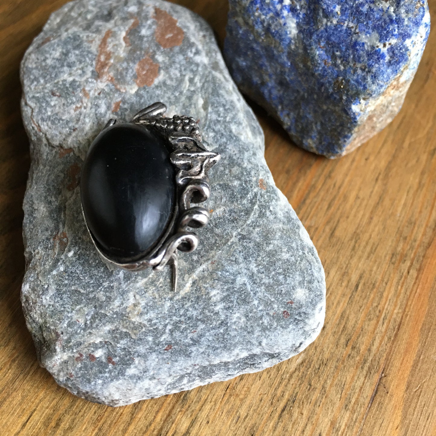 Sterling Silver Brooch Jet Black Resin Vintage Rita Sobral Artisan Handmade Pin