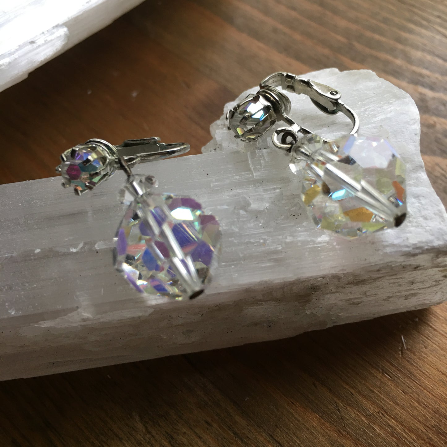 AB Crystal Drop Earrings Signed Laguna Clip On Dangle