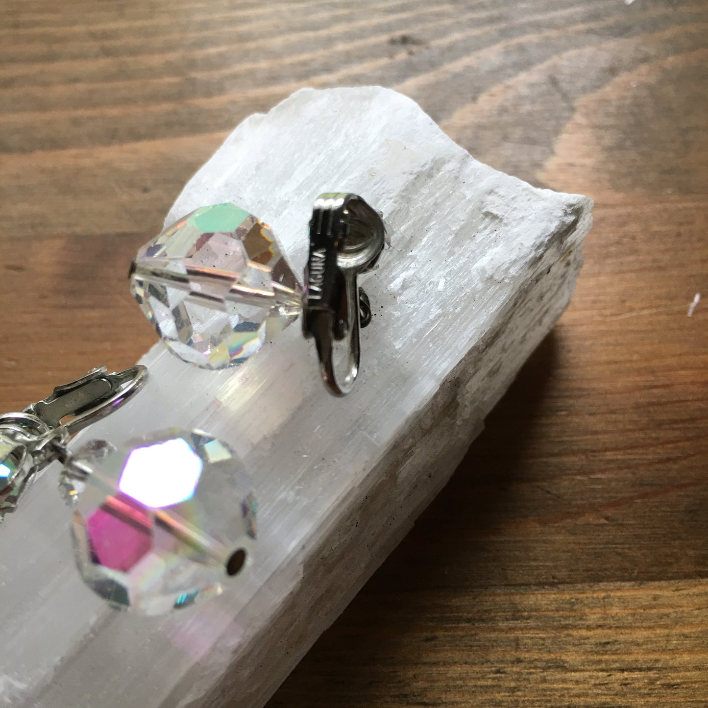 AB Crystal Drop Earrings Signed Laguna Clip On Dangle