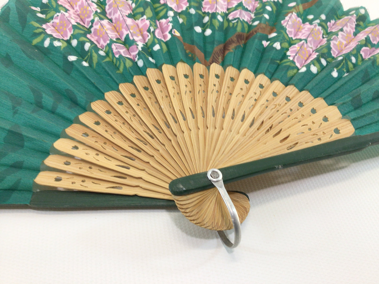 Green Linen Folding Fan Cheery Blossom Motif Quality Made Vintage Fashion Accessory