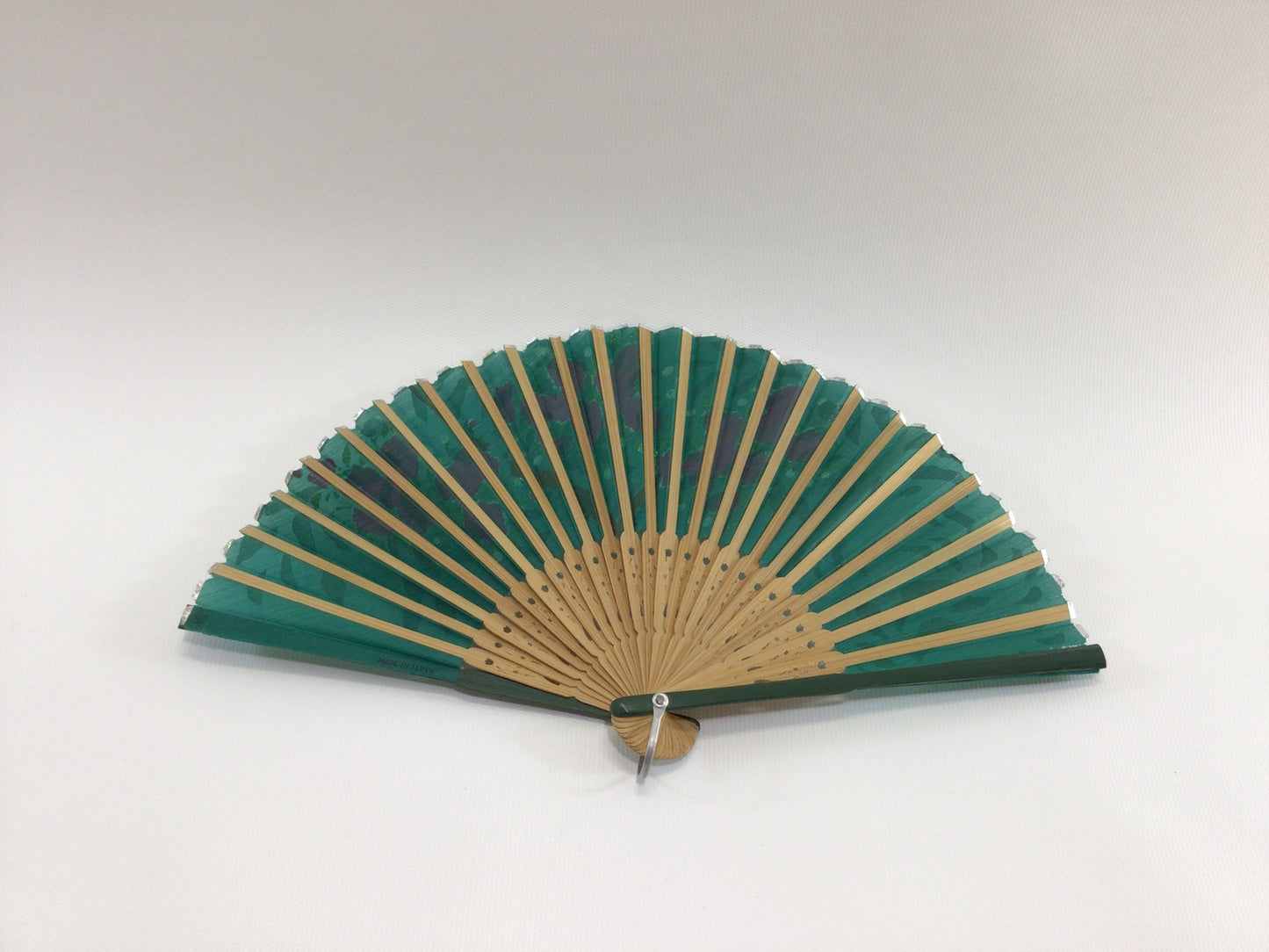 Green Linen Folding Fan Cheery Blossom Motif Quality Made Vintage Fashion Accessory