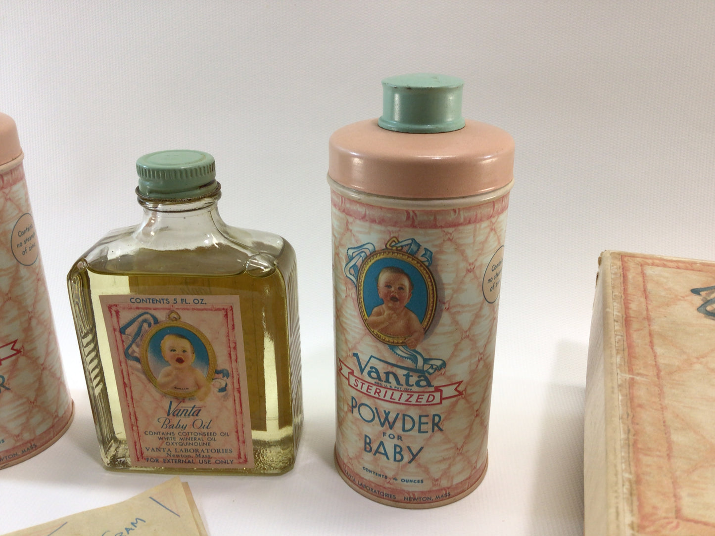 Antique Boxed Gift Set Vanta Bath Kit for the Baby Talc Powder Tins Bath Oil and Advertisement Ephemera