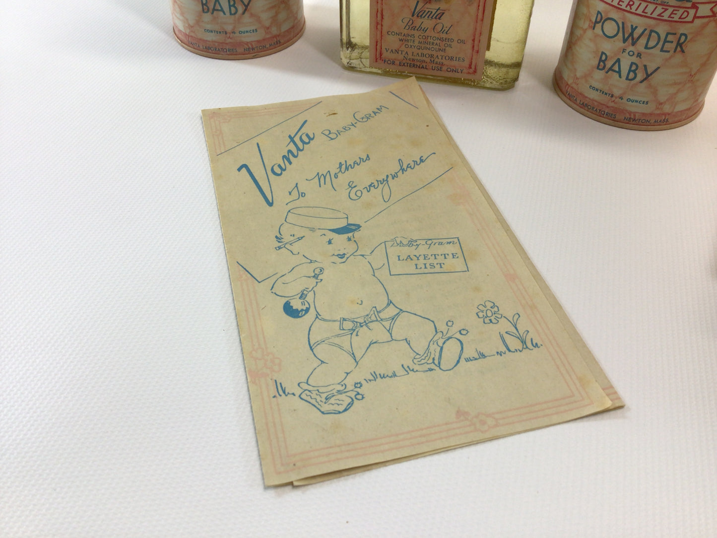 Antique Boxed Gift Set Vanta Bath Kit for the Baby Talc Powder Tins Bath Oil and Advertisement Ephemera