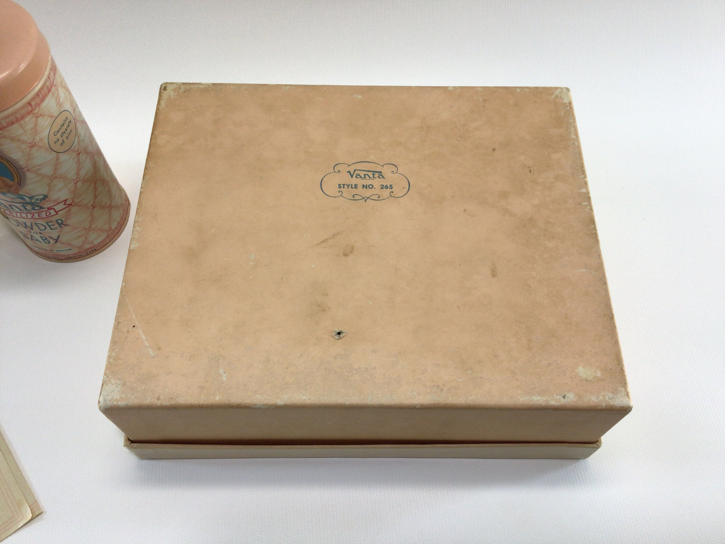 Antique Boxed Gift Set Vanta Bath Kit for the Baby Talc Powder Tins Bath Oil and Advertisement Ephemera