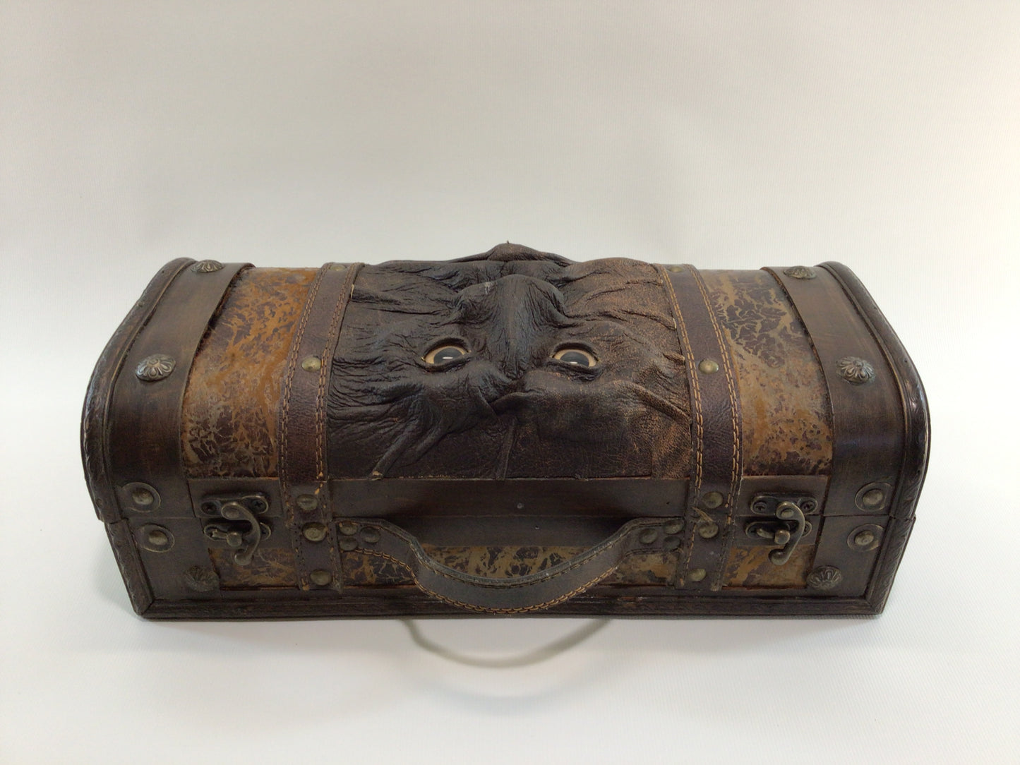 Green Man Trinket Treasure Box Leather and Wood Construction Vintage Handmade Artisan Handbag Purse