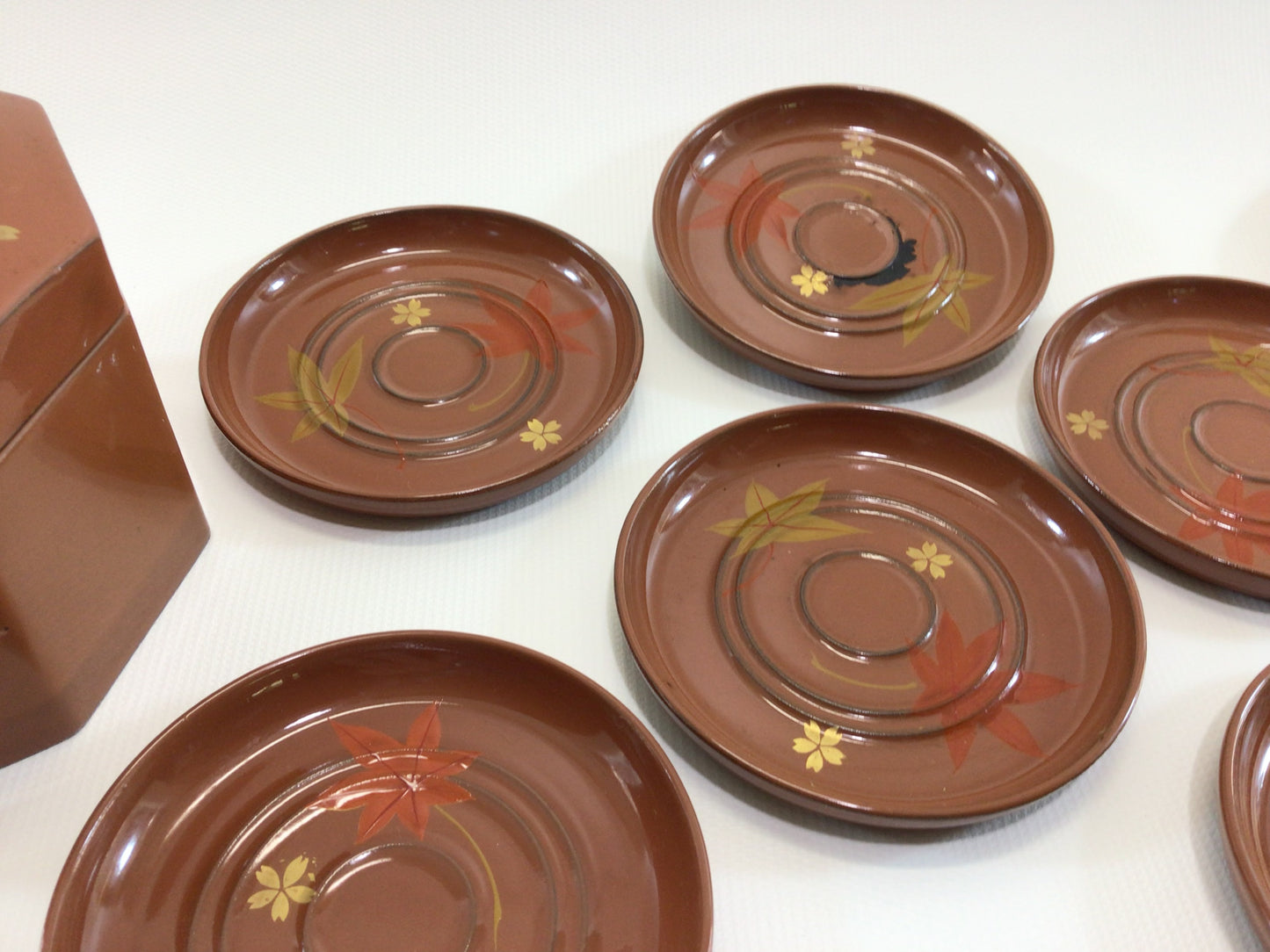 Lacquer Drink Coasters 8 pc Set Durlaque Flowers and Leaves Motif Octagonal Storage Box Vintage Quality Japan Made Home Dining Party Decor