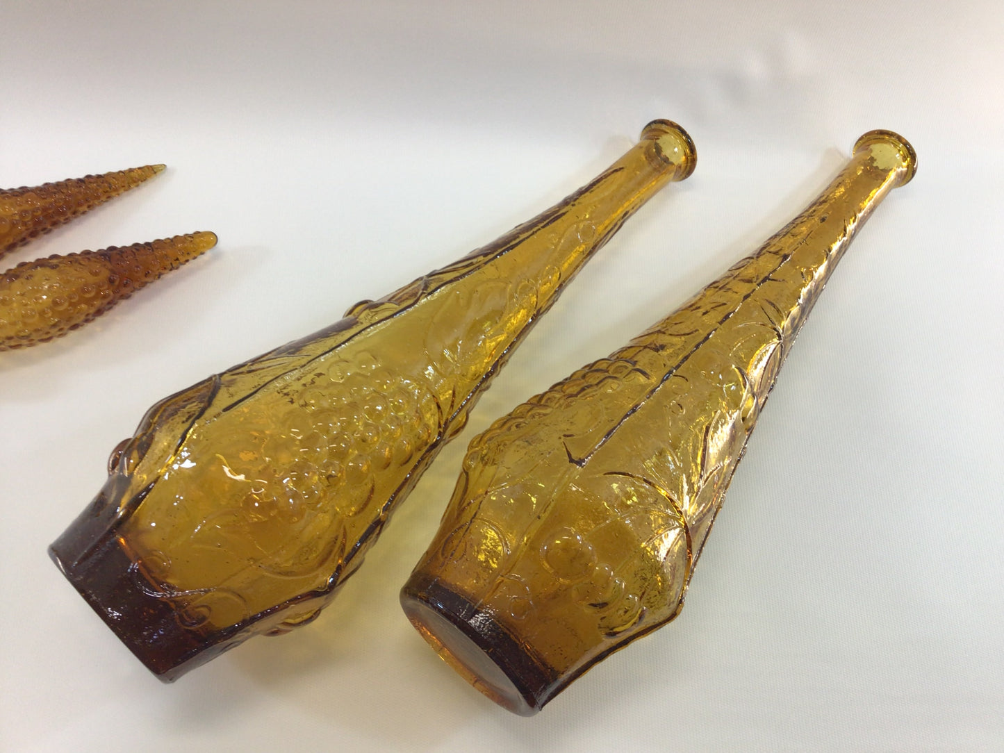 Vintage Genie Bottle Set Pair of Empoli Italian Art Glass 22" Decanter Bottles Amber Color Mid Century Home Decor