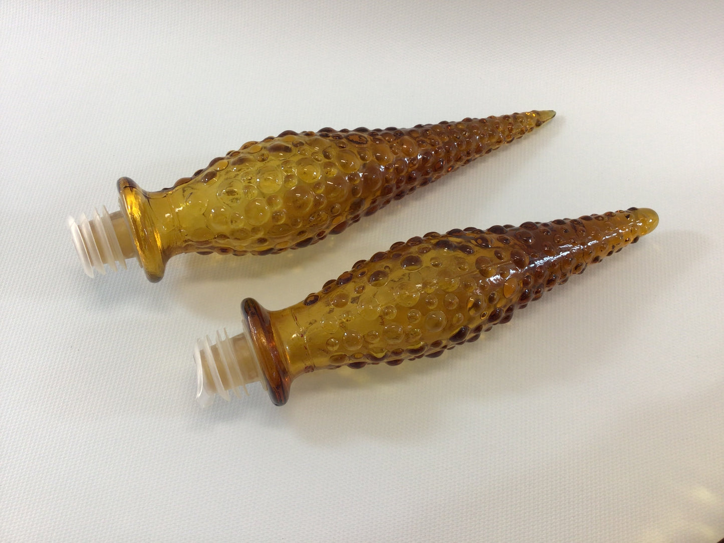 Vintage Genie Bottle Set Pair of Empoli Italian Art Glass 22" Decanter Bottles Amber Color Mid Century Home Decor