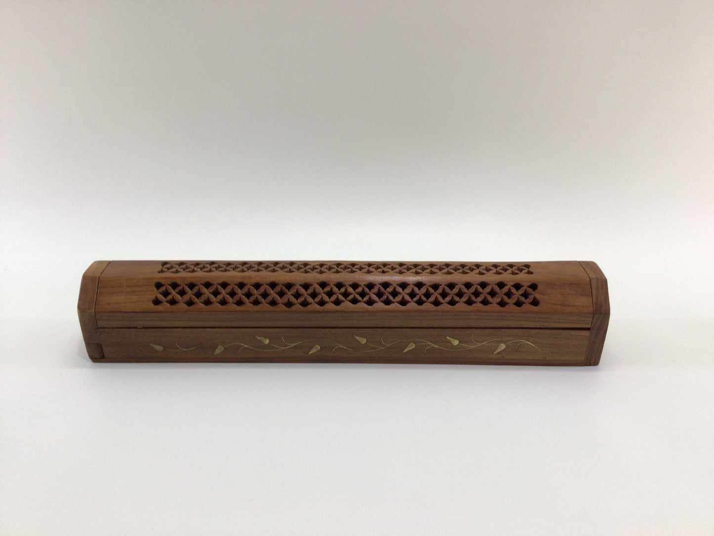 Incense Box Burner Vintage Hardwood and Brass Inlay Leaves for 9" Stick Incense