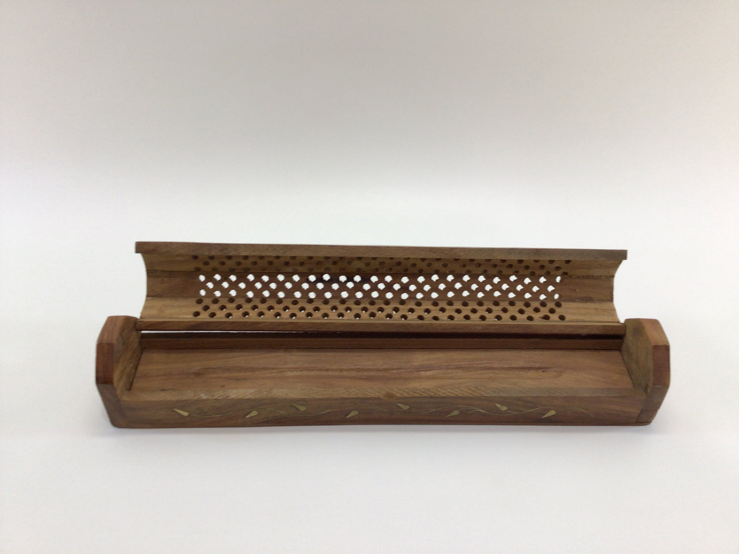 Incense Box Burner Vintage Hardwood and Brass Inlay Leaves for 9" Stick Incense