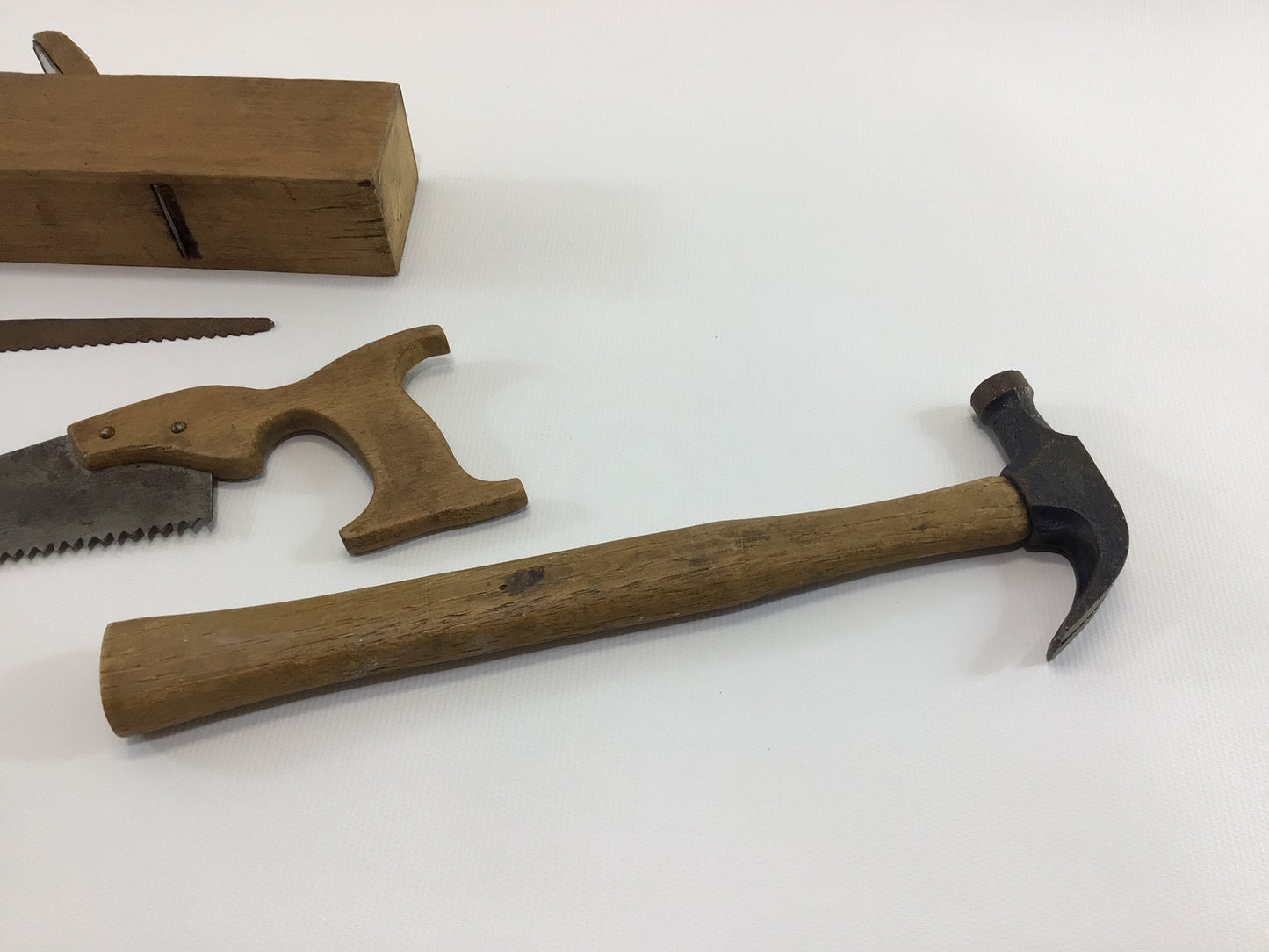 Toy Carpenter's Hand Tools Antique Primitive Rustic Wood and Metal Construction Plane Hammer Saw