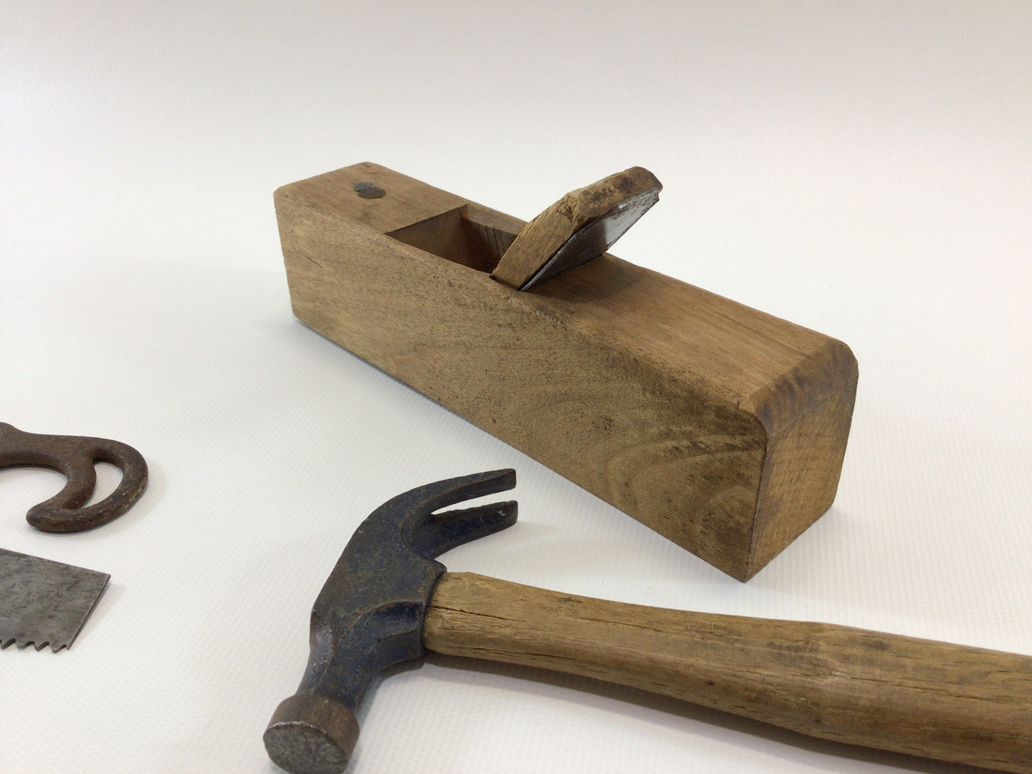 Toy Carpenter's Hand Tools Antique Primitive Rustic Wood and Metal Construction Plane Hammer Saw