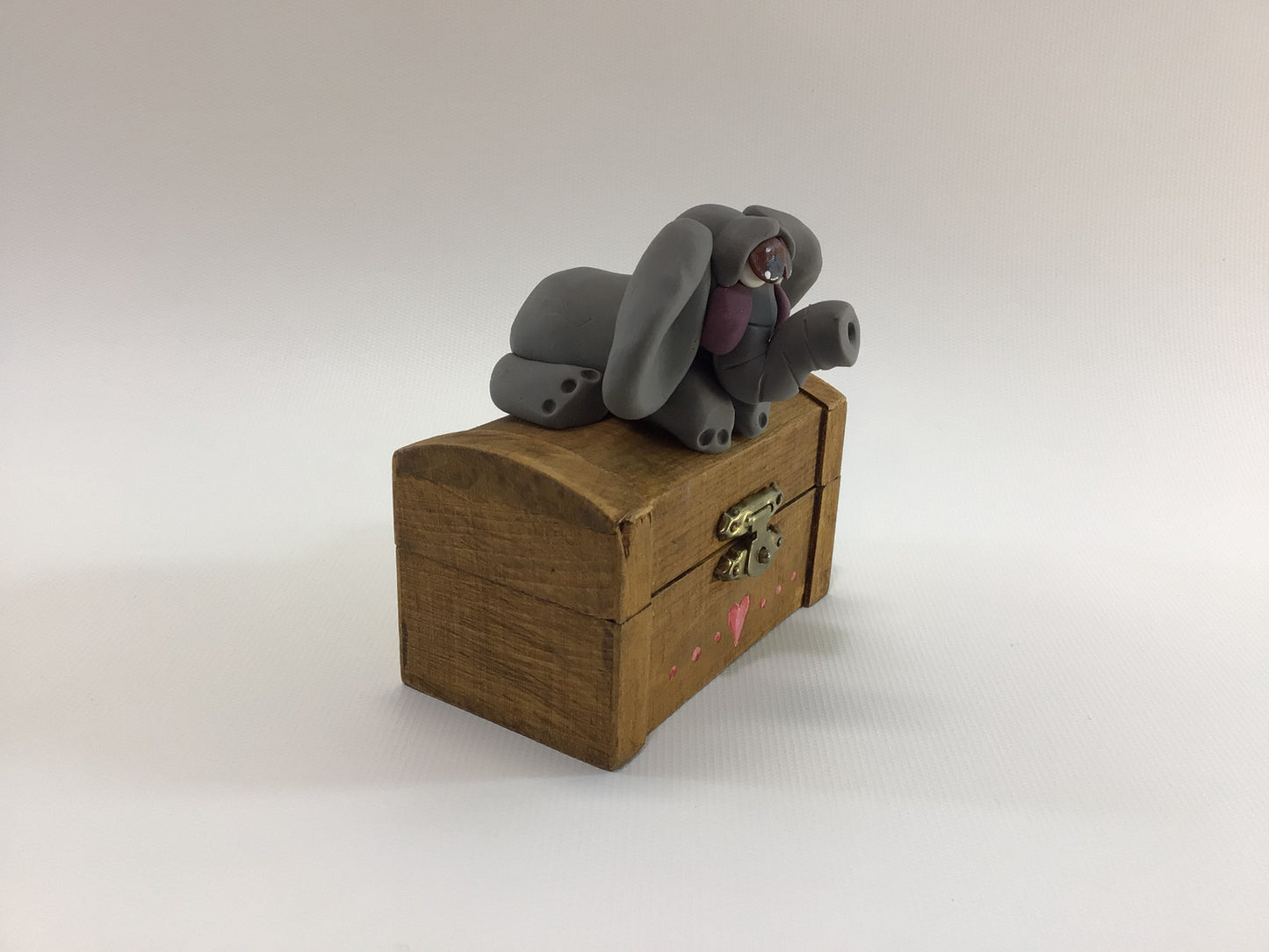 Lucky Elephant Treasure Chest Vintage Handmade Folk Art Clay and Hardwood Trinket Box