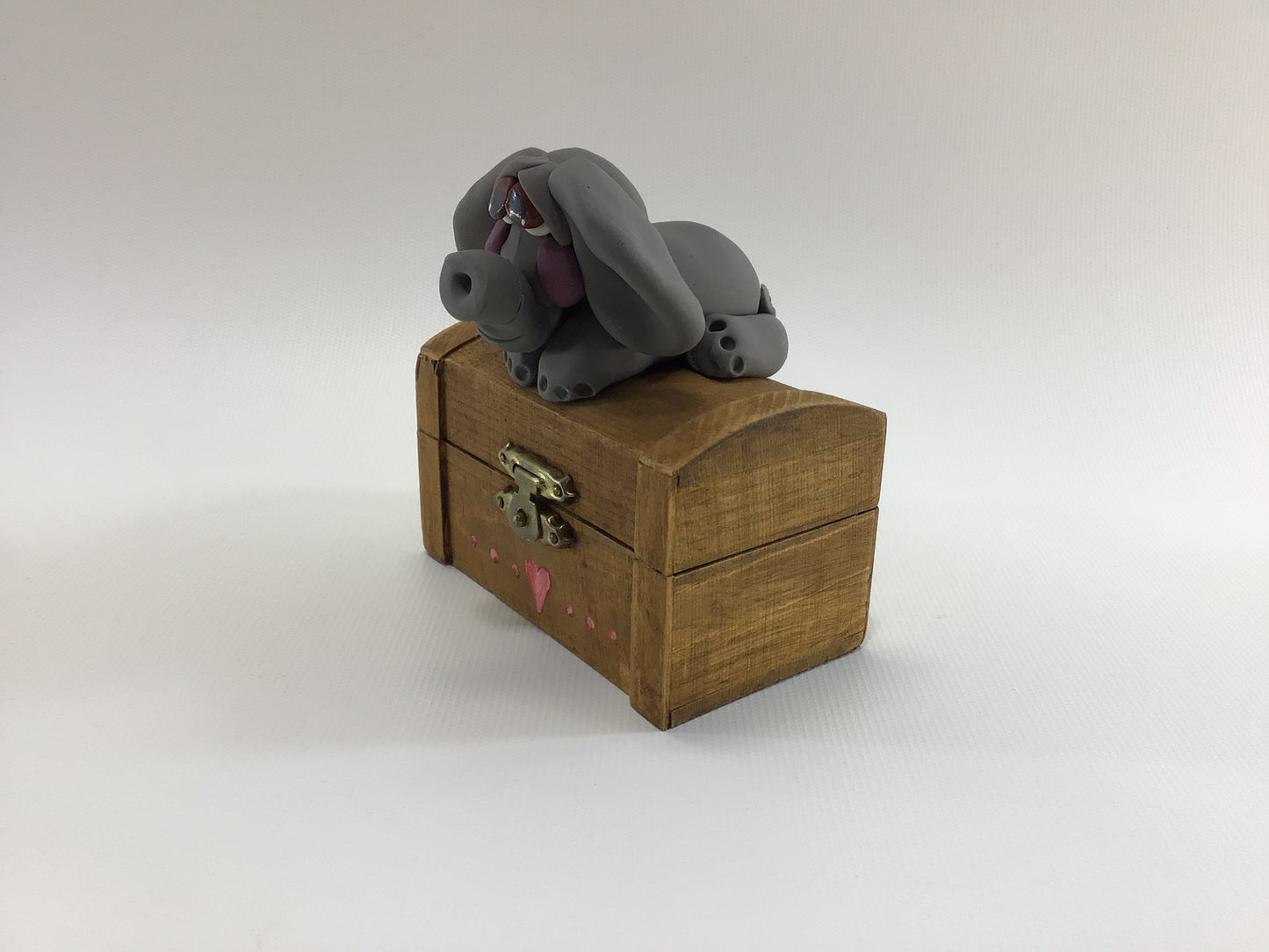 Lucky Elephant Treasure Chest Vintage Handmade Folk Art Clay and Hardwood Trinket Box