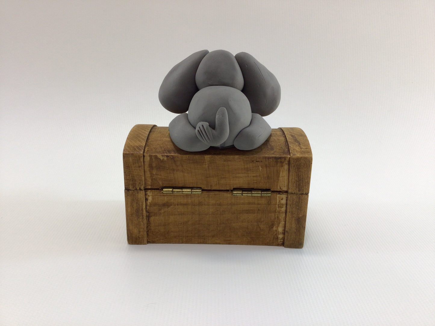 Lucky Elephant Treasure Chest Vintage Handmade Folk Art Clay and Hardwood Trinket Box