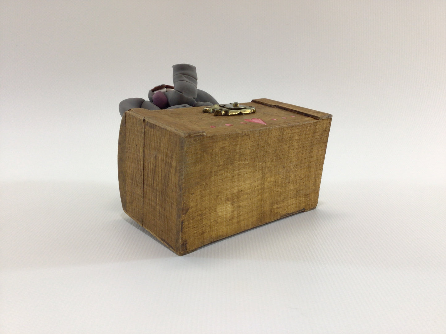 Lucky Elephant Treasure Chest Vintage Handmade Folk Art Clay and Hardwood Trinket Box