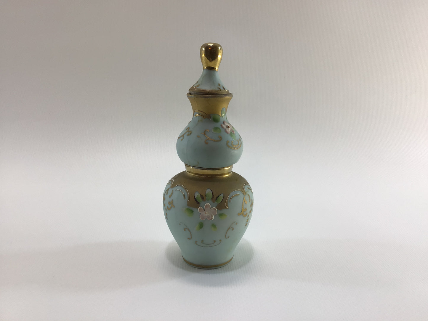 Double Perfume Bottle Antique Hand Painted Bisque Porcelain Gold and Green with Pink Flowers