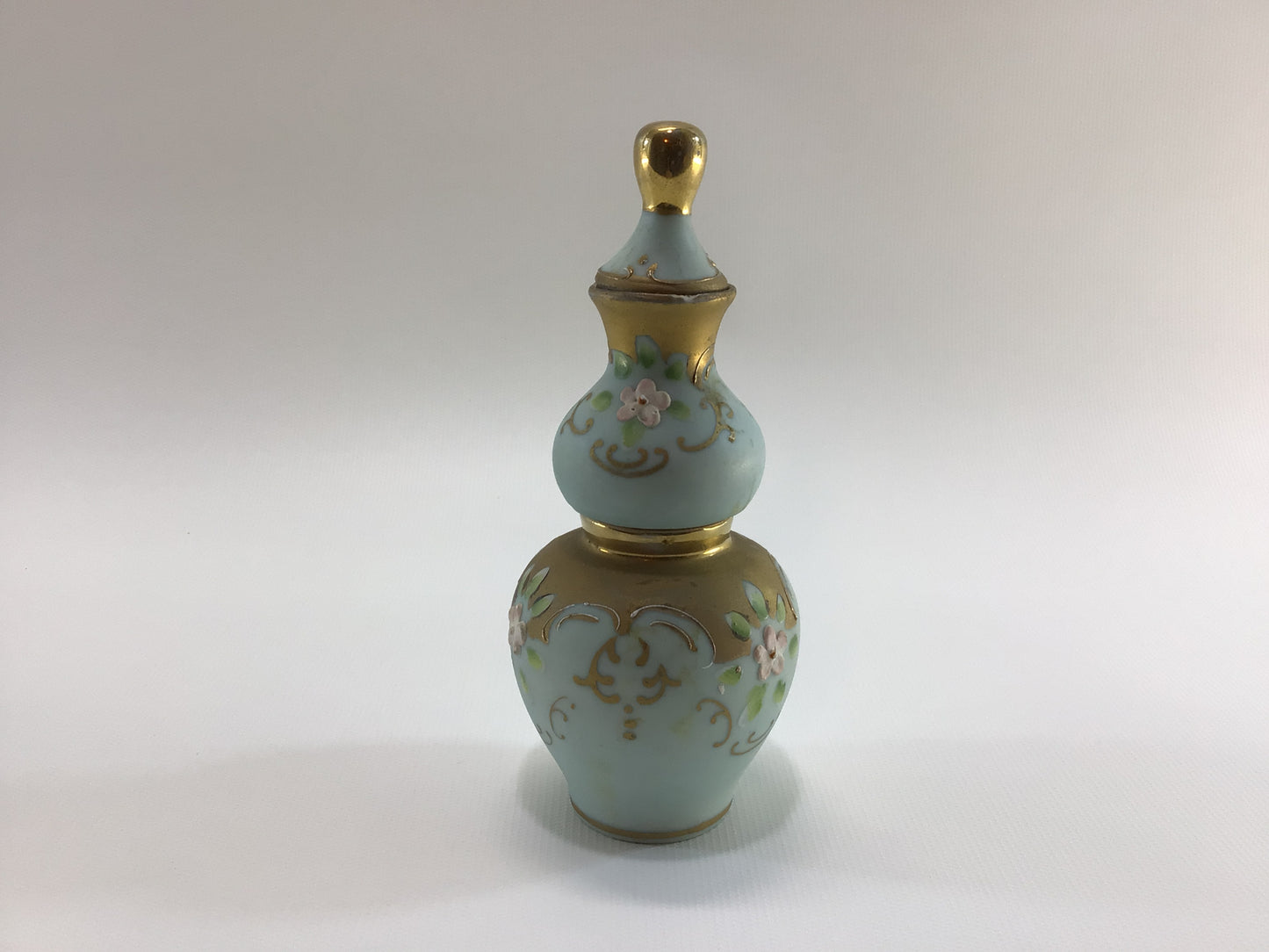 Double Perfume Bottle Antique Hand Painted Bisque Porcelain Gold and Green with Pink Flowers