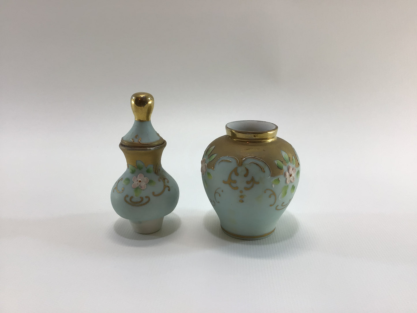 Double Perfume Bottle Antique Hand Painted Bisque Porcelain Gold and Green with Pink Flowers