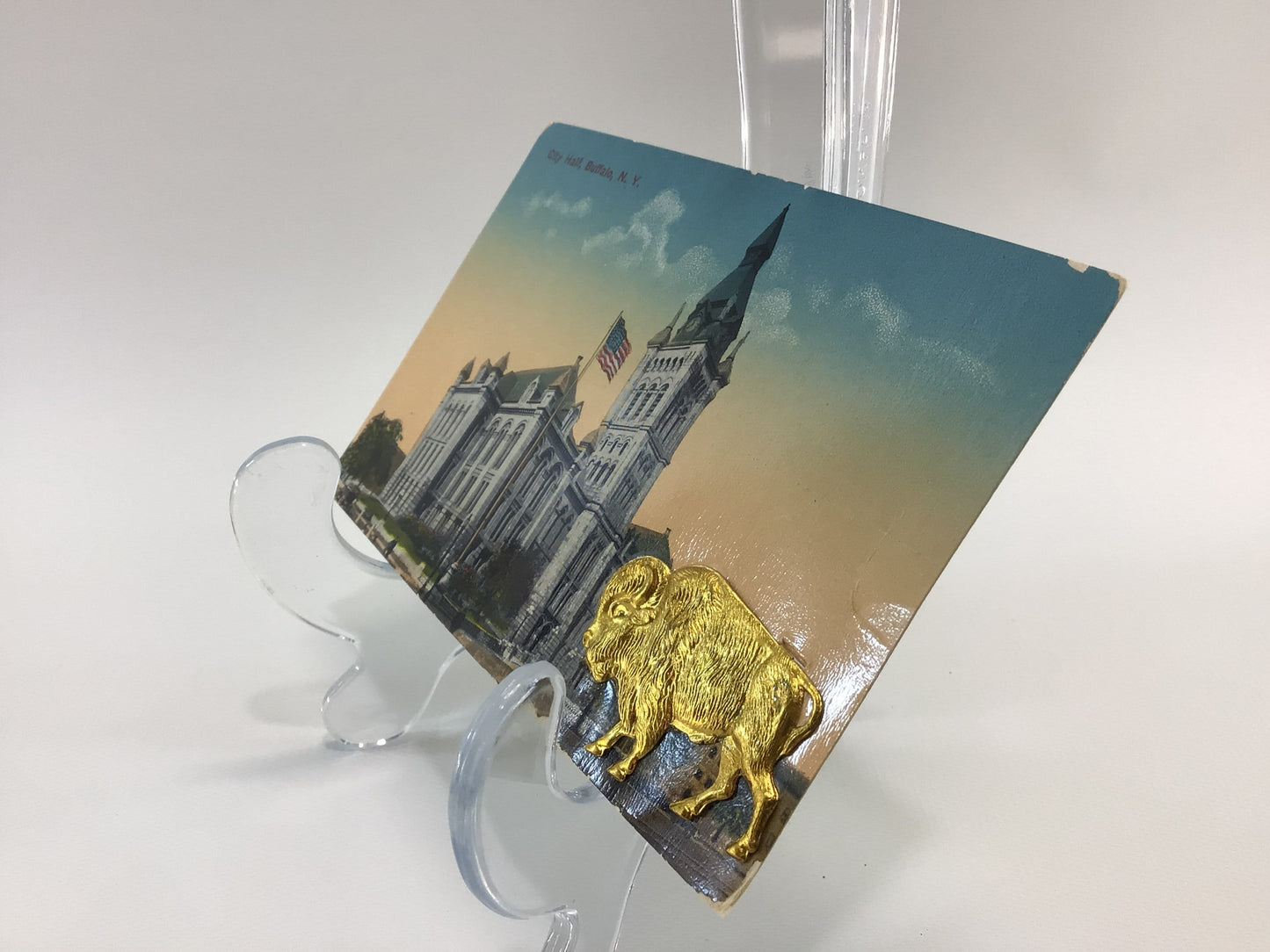 Applique Novelty Location Postcard Antique Ephemera City Hall Buffalo New York with Applied Metal Embellishment
