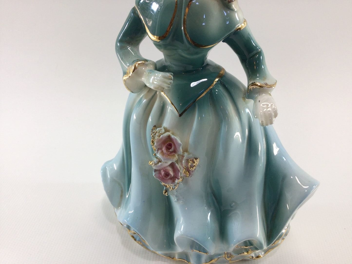 Victorian Lady in Blue with Applied Pink Roses Figurine Vintage Collectible Ceramic Home Decor