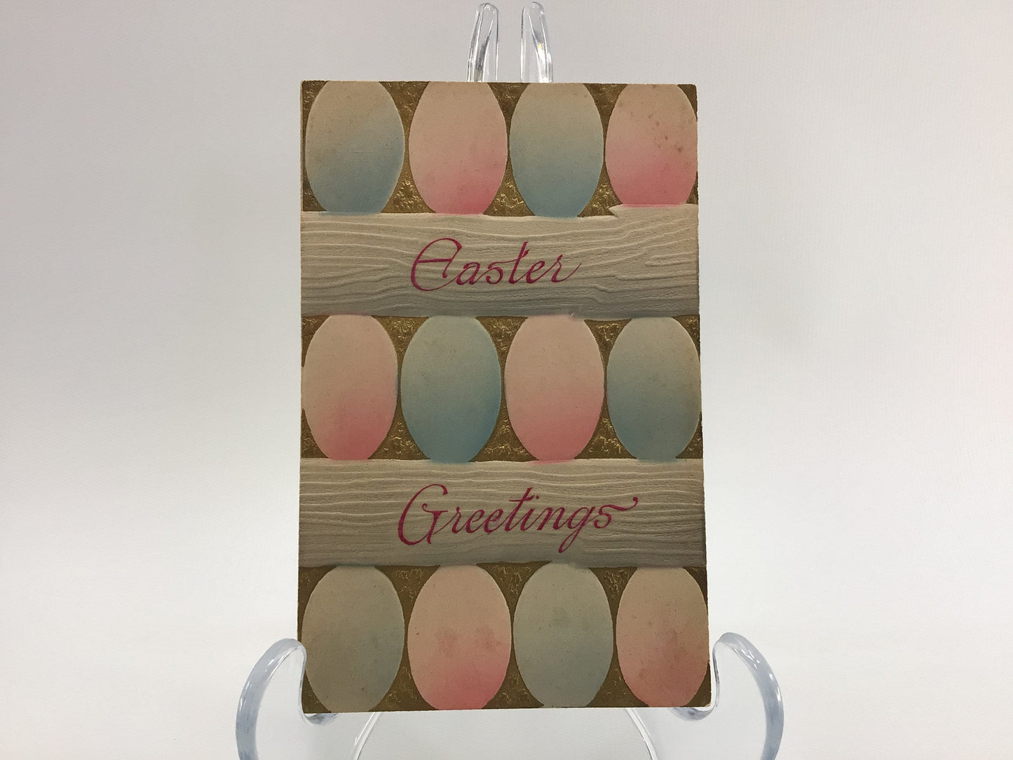 Antique Easter Novelty Postcard Gold Gilt Embossed Airbrush Pink and Blue Eggs
