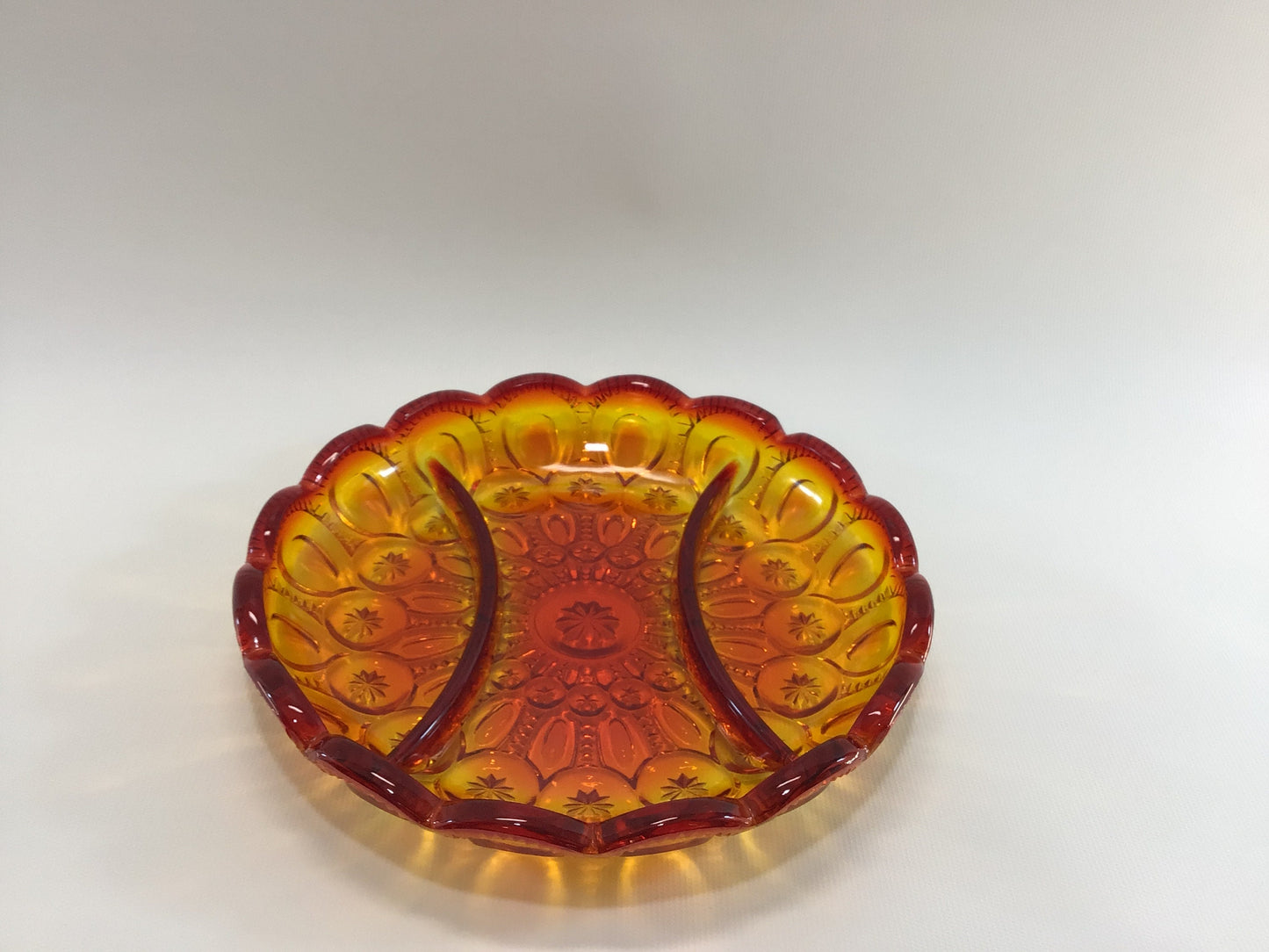 L E Smith Amberina Glass Divided Dish Retro 70s Moon and Stars Pattern Vintage Home Decor
