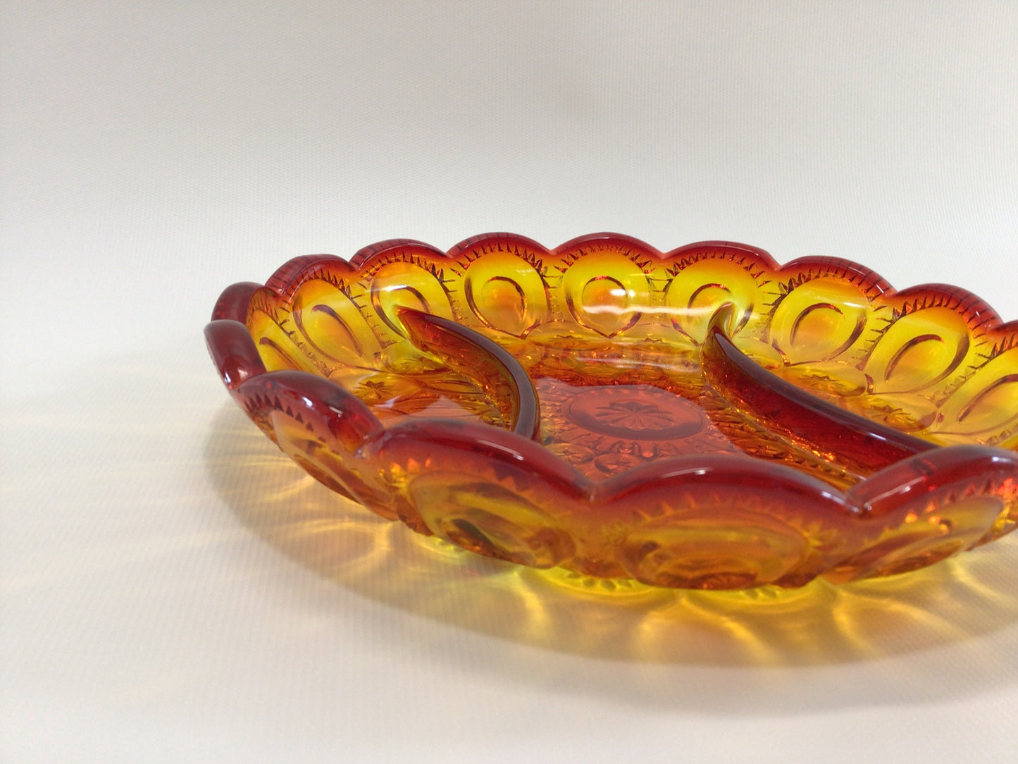 L E Smith Amberina Glass Divided Dish Retro 70s Moon and Stars Pattern Vintage Home Decor