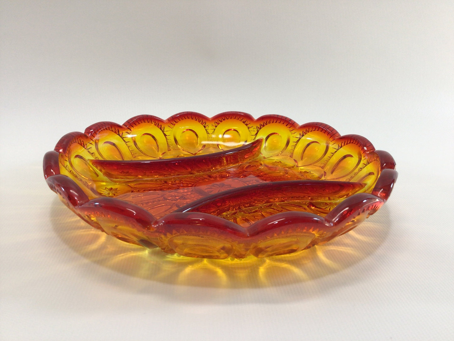L E Smith Amberina Glass Divided Dish Retro 70s Moon and Stars Pattern Vintage Home Decor
