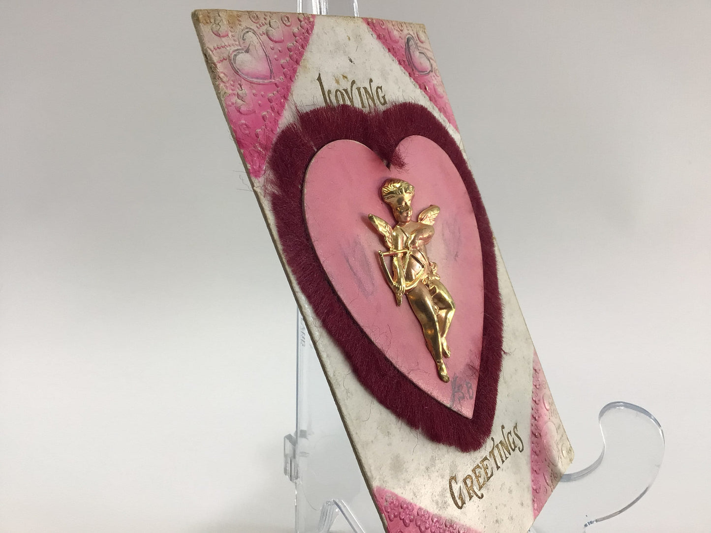 Applique Novelty Valentines Day Postcard Antique Ephemera Airbrush Embossed with Applied Red Fringe Heart and Metal Cupid Embellishment