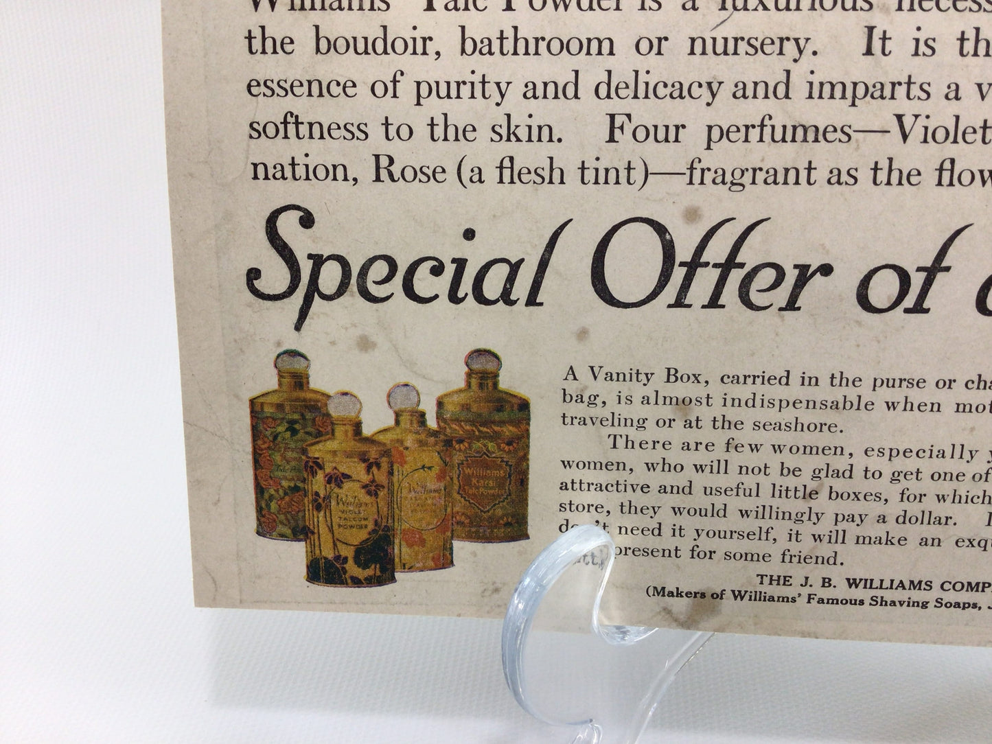 Double Sided 10 x 15 Magazine Ad Antique Advertising Ephemera Williams Talcum Powder and Gold Medal Flour