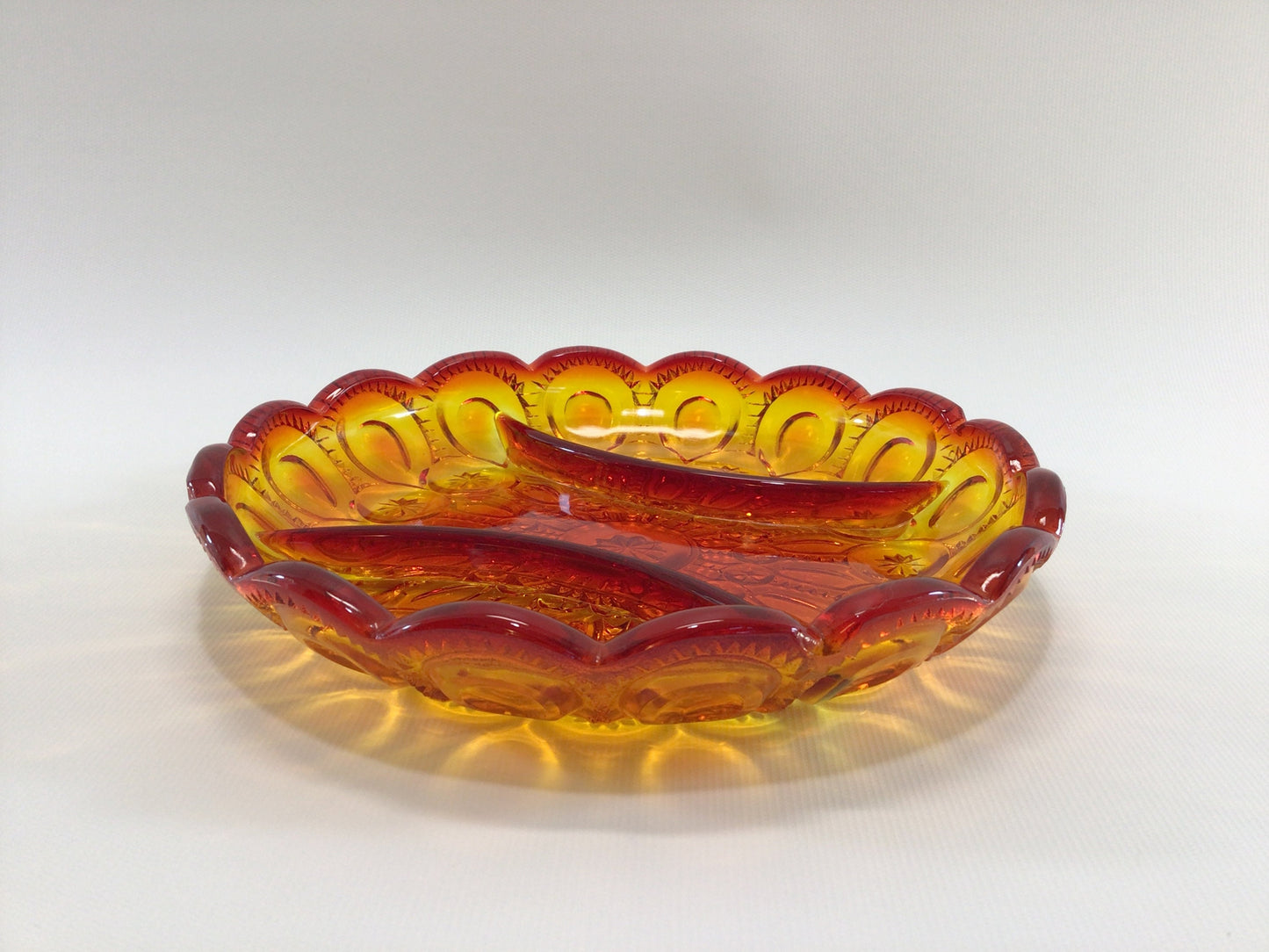 L E Smith Amberina Glass Divided Dish Retro 70s Moon and Stars Pattern Vintage Home Decor