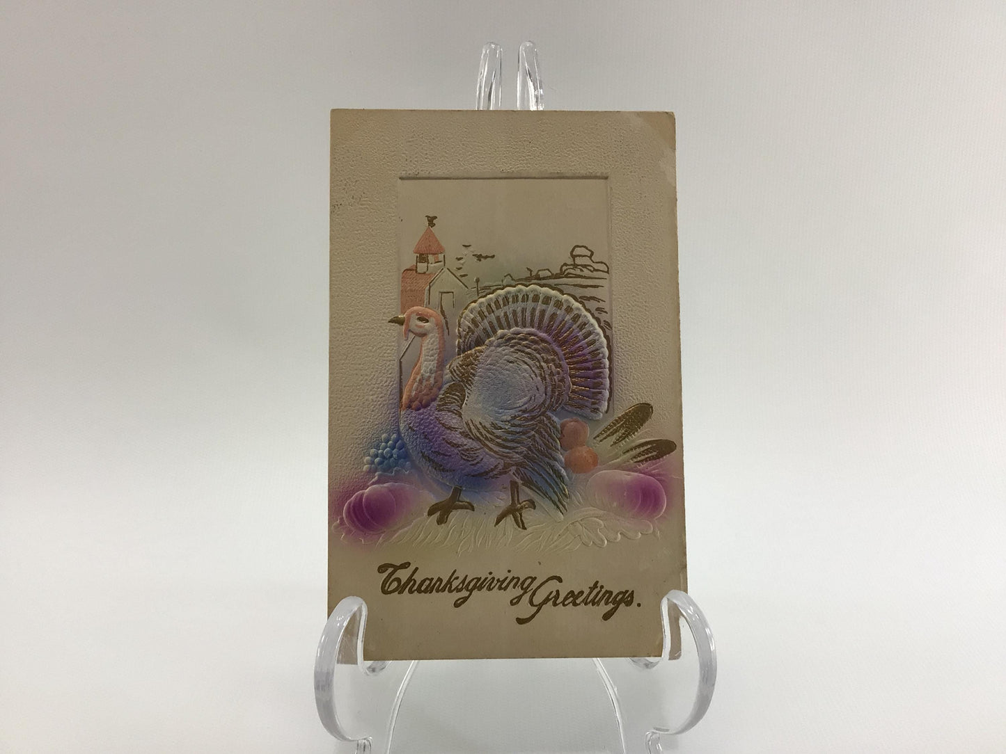 Antique Thanksgiving Novelty Postcard Embossed Airbrush Gold Gilt Purple Turkey and Pumpkins