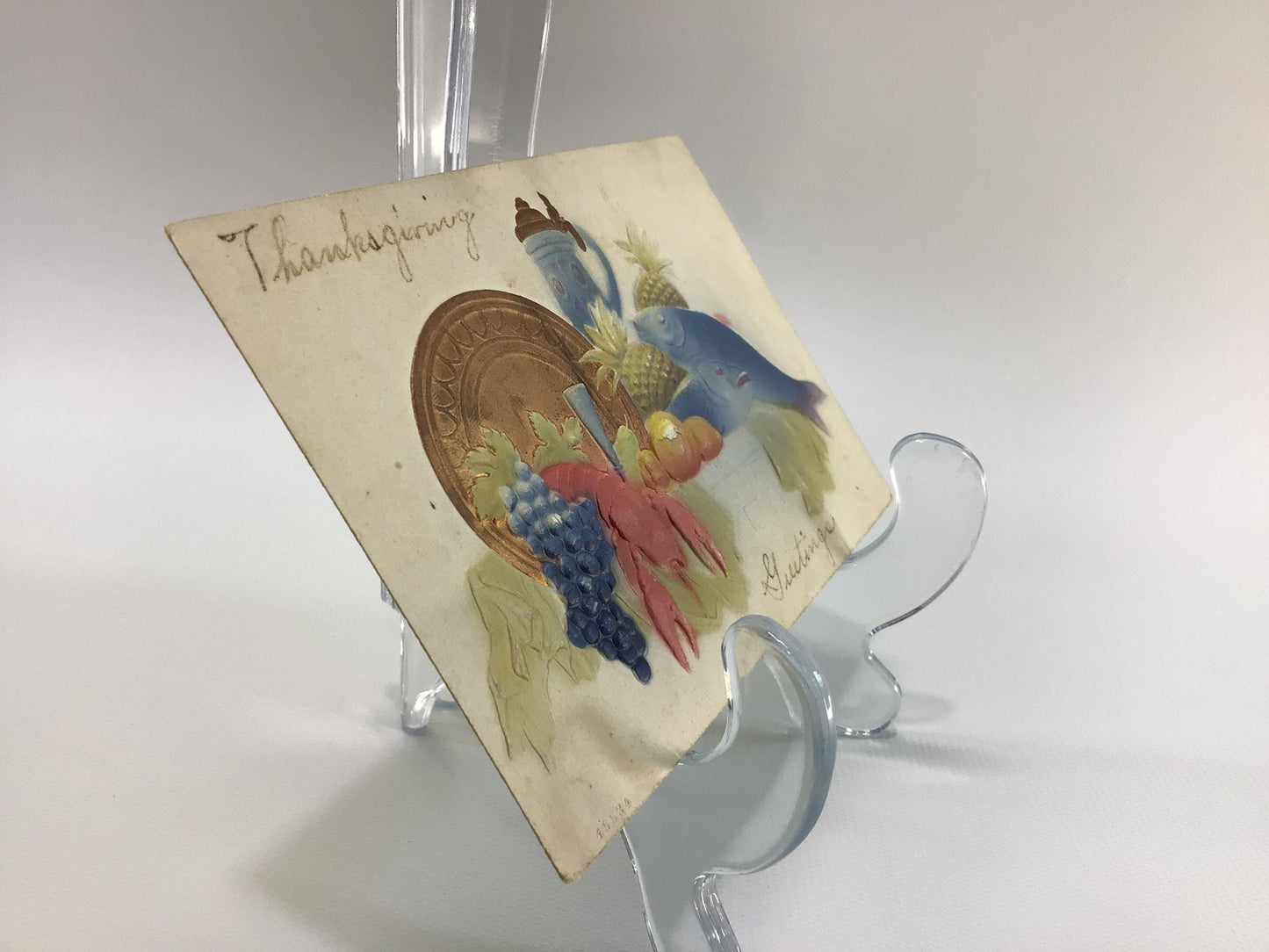 Antique Thanksgiving Novelty Postcard Embossed Airbrush Lobster and Fish Dinner