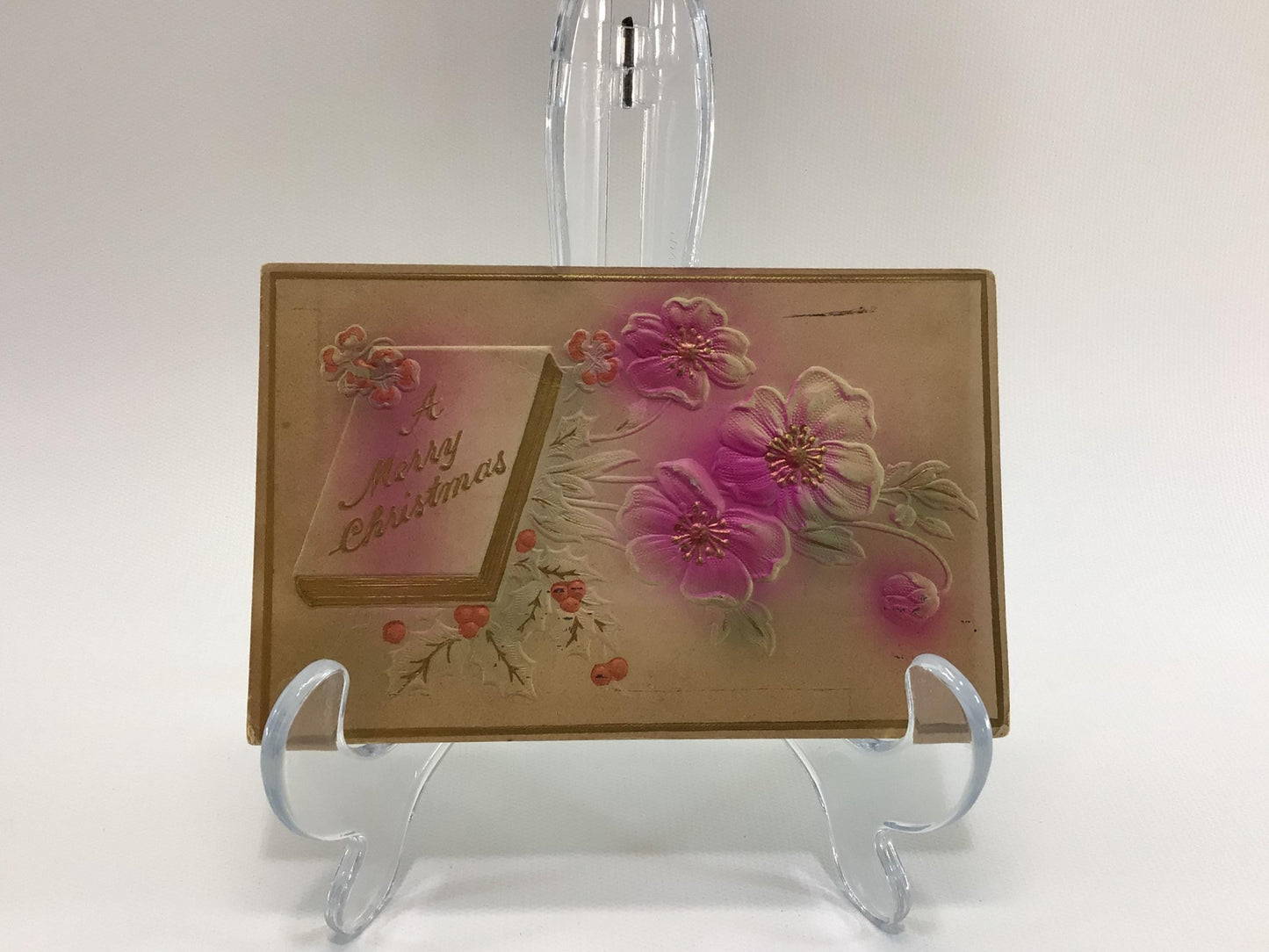 Novelty Christmas Postcard Antique Ephemera Airbrush Embossed Pink Flowers and Holly
