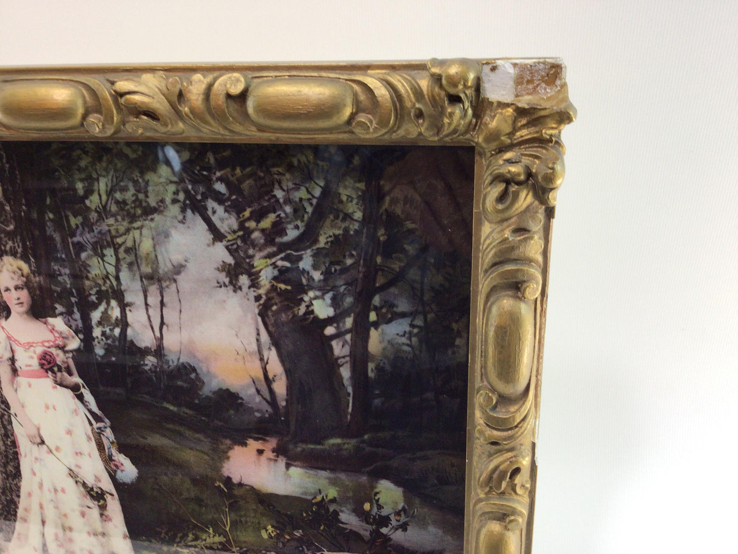 Reverse Painted Chalkware Frame Antique Art Wall Decor Young Woman at Stream Adorned in Pink Roses