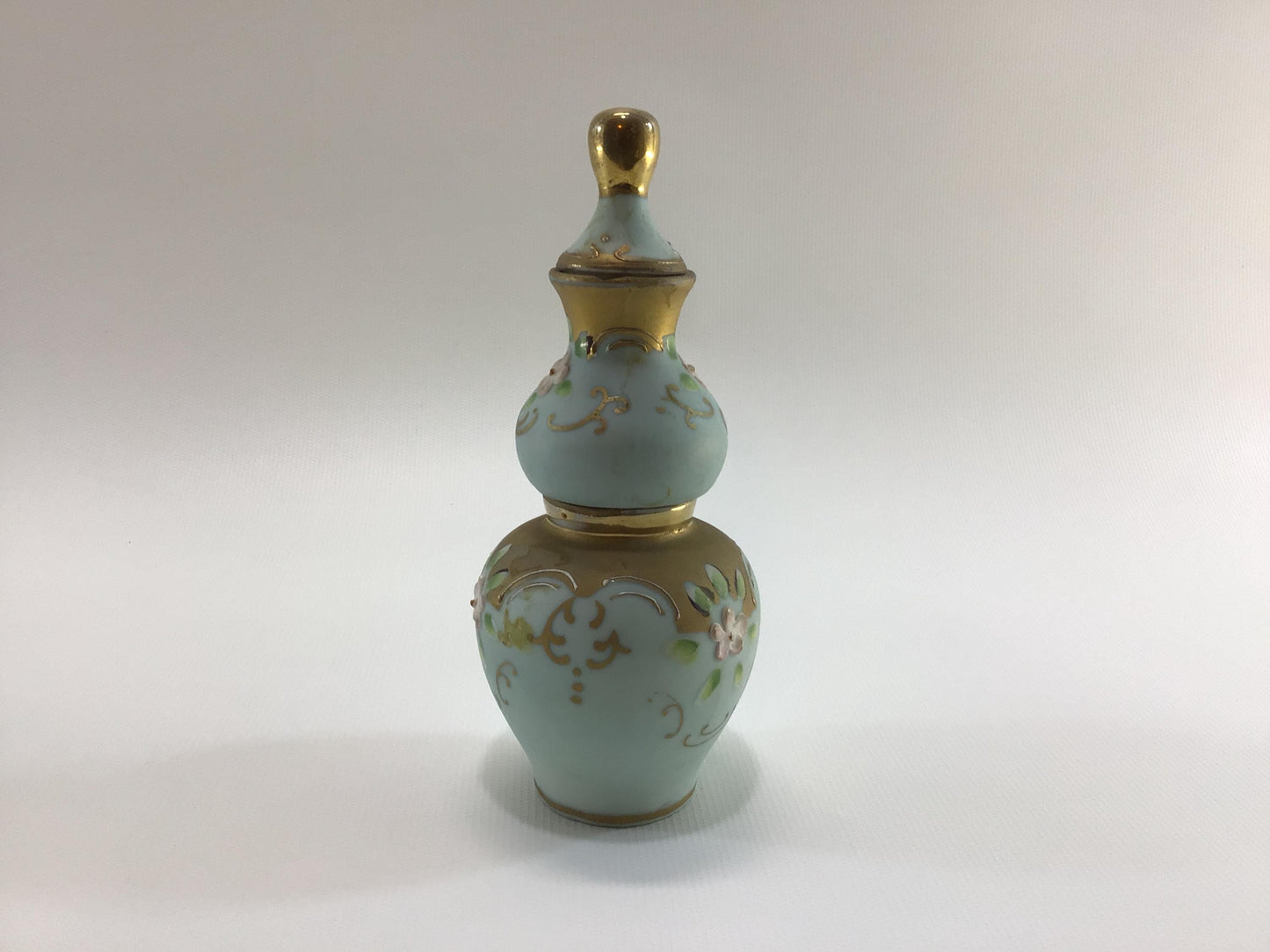 Double Perfume Bottle Antique Hand Painted Bisque Porcelain Gold and Green with Pink Flowers